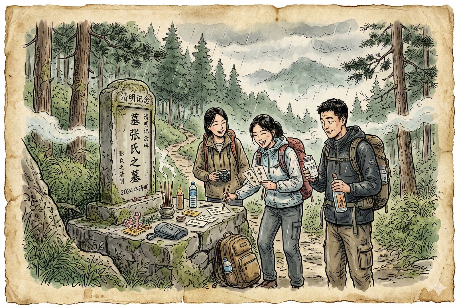清明时节的山间古墓前，几位年轻人背着双肩包与相机，手里拿着布洛芬、小酒瓶和手写卡片，墓前松柏、薄雾与春雨交织，带有轻微荒诞感的节日出游场景，羊皮纸，钢笔彩色手绘的统一风格。