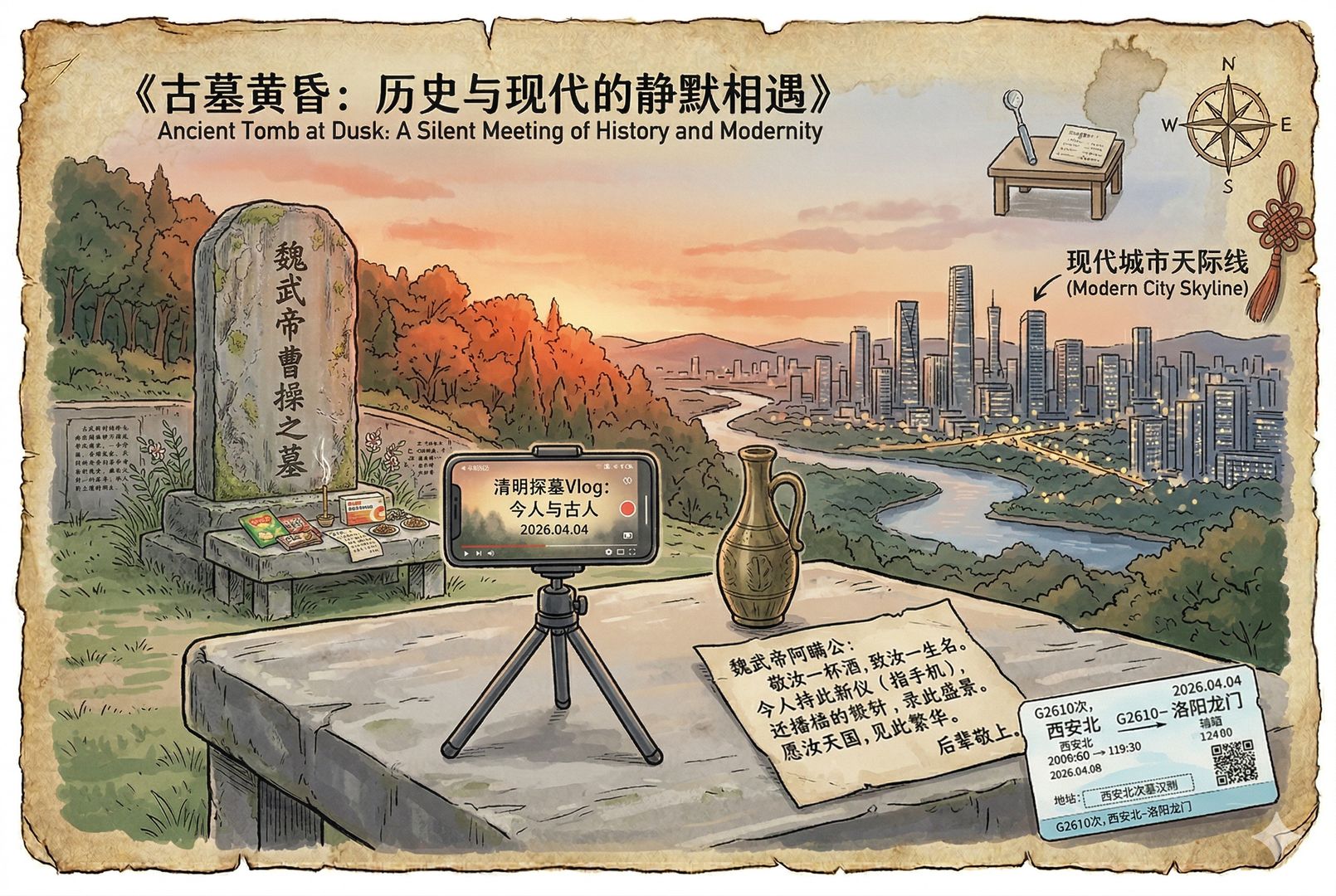 黄昏中的古墓与城市天际线并置，墓前留着酒瓶、车票、纸条和一部刚拍完视频的手机，远处高楼亮起灯光，传统节日与现代生活在同一画面里静静相遇，羊皮纸，钢笔彩色手绘的统一风格。