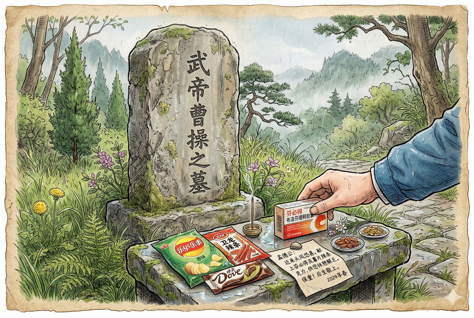 曹操墓前的近景，石碑古朴，一只年轻人的手郑重放下布洛芬药盒，旁边还有薯片、辣条、巧克力和小纸条，祭品组合滑稽又认真，春草新绿，羊皮纸，钢笔彩色手绘的统一风格。