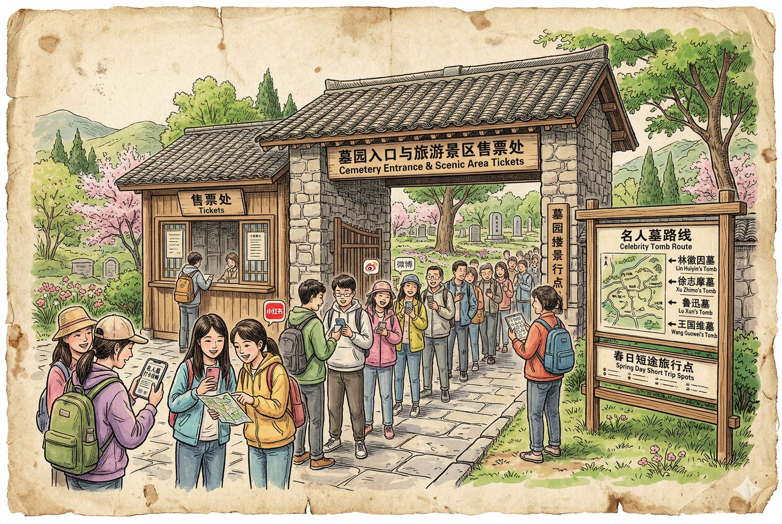 墓园入口与旅游景区售票处结合的场景，年轻游客排队入场，手举手机查看攻略，导览牌上写着名人墓路线，气氛像追星打卡又像春日短途旅行，羊皮纸，钢笔彩色手绘的统一风格。