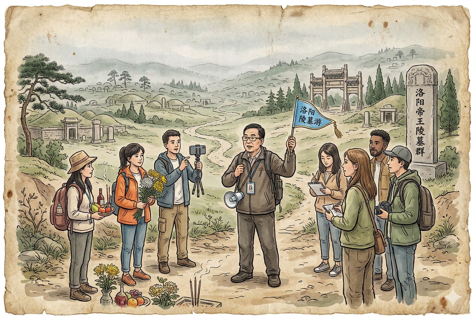 一位举着小旗的上坟导游站在洛阳郊外陵墓群前，身边是一队年轻游客，有人捧花有人拿供品有人举手机录像，远处墓冢绵延，导游正认真讲解典故，羊皮纸，钢笔彩色手绘的统一风格。