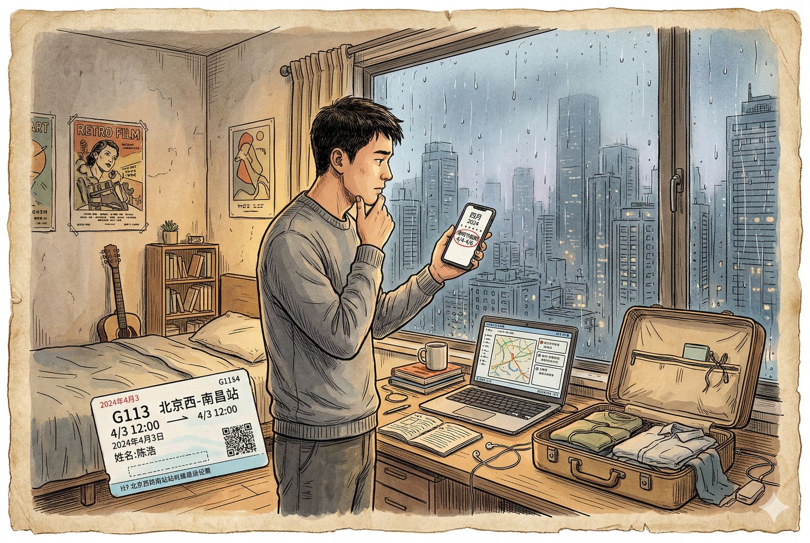城市高楼里的年轻人站在出租屋窗边看着手机日历上的清明假期，桌上是高铁票、电脑和未收拾的行李，窗外细雨朦胧，神情在家乡与远方之间摇摆，羊皮纸，钢笔彩色手绘的统一风格。