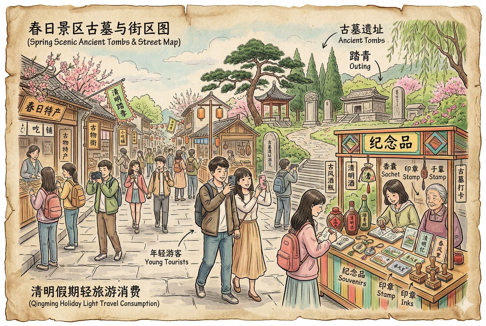 春日景区里的古墓遗址与旅游街区相连，情侣和年轻游客边走边拍照，纪念品小摊摆着酒瓶、香囊、文创卡片和手账印章，清明假期被转化成轻旅游消费场景，羊皮纸，钢笔彩色手绘的统一风格。