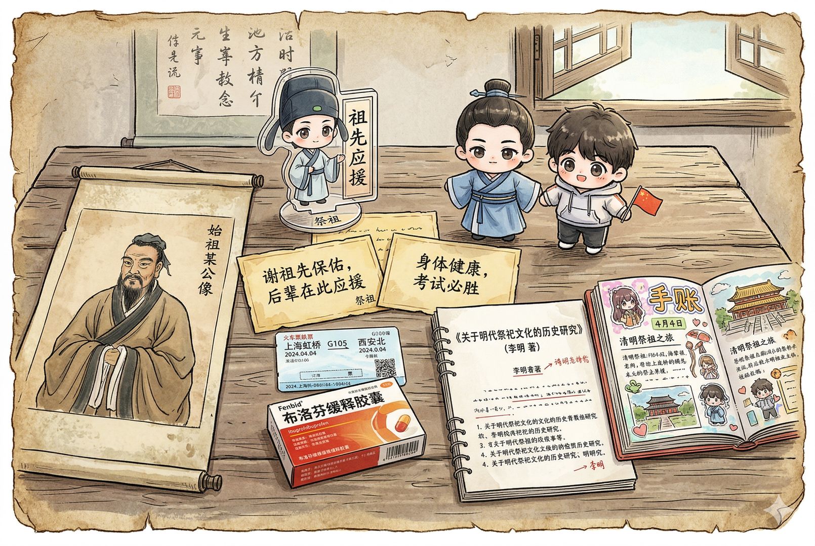 一张木桌上整齐摊开祭祖应援物料：亚克力立牌、手写留言卡、小玩偶、高铁票、布洛芬盒、论文打印本，旁边放着历史人物画像和二次元风手账，形成古今混搭的视觉冲突，羊皮纸，钢笔彩色手绘的统一风格。