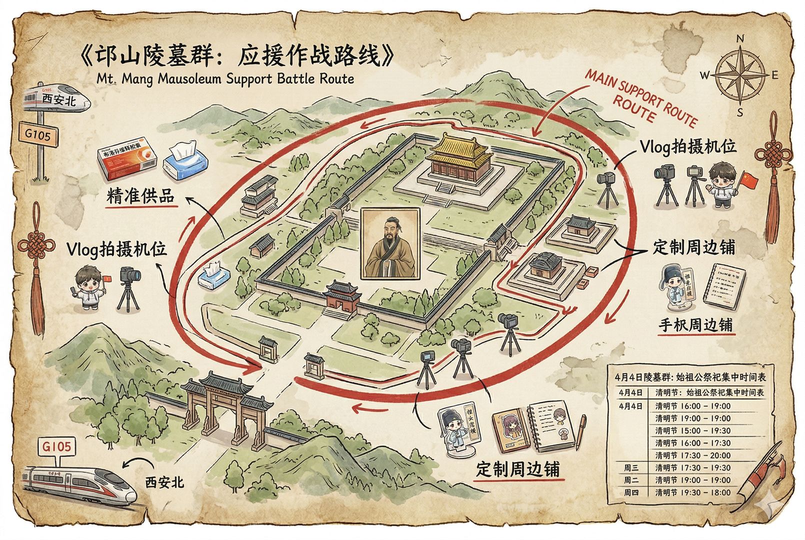 俯视视角下的一张攻略地图，邙山陵墓群路线被红笔圈出，旁边标注精准供品、Vlog拍摄点、定制周边和集中祭祀时间表，像旅行计划也像粉丝应援作战图，羊皮纸，钢笔彩色手绘的统一风格。