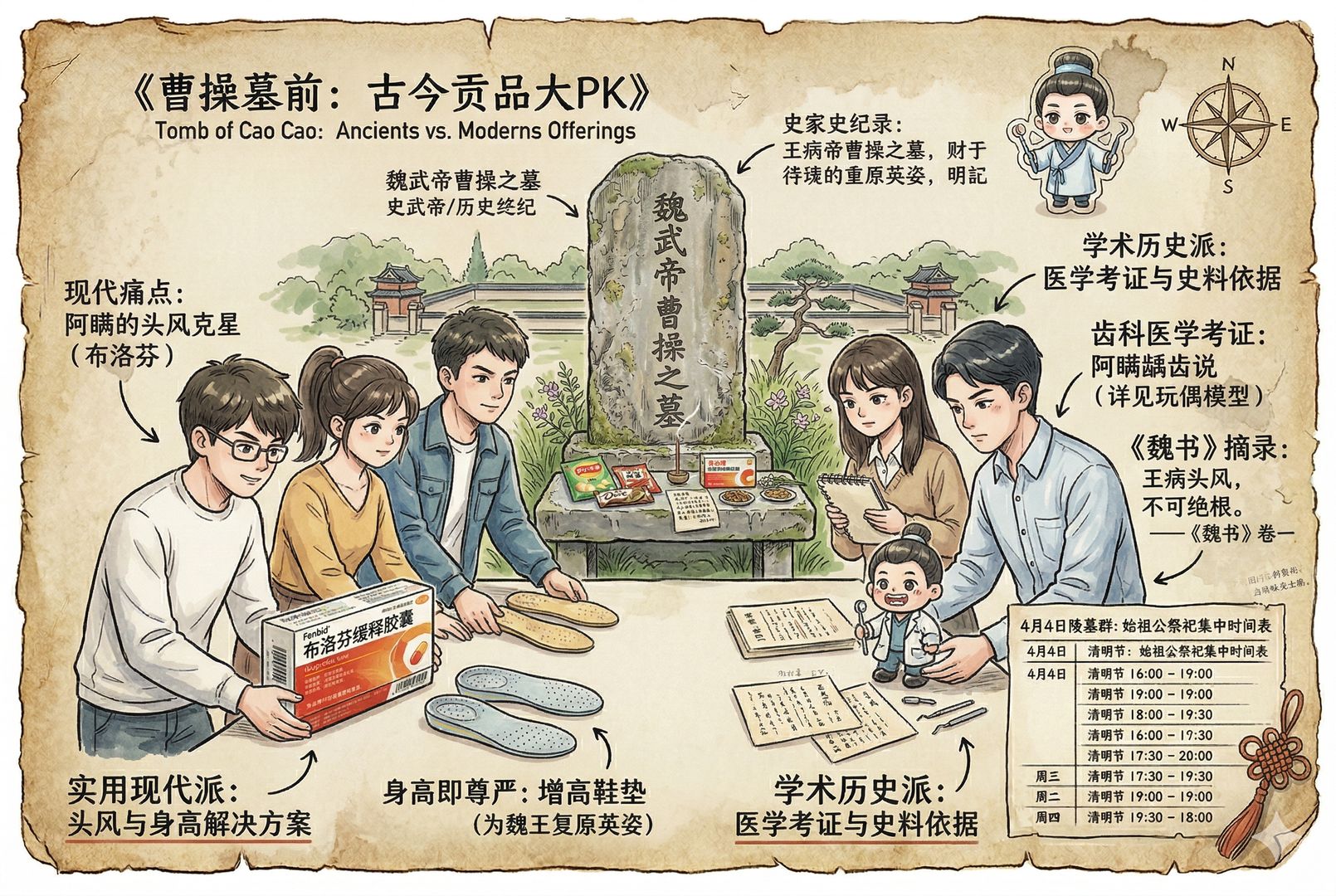 曹操墓前几组年轻人各自摆放不同贡品的对比画面，一边是布洛芬与增高鞋垫，另一边是带注释的牙医玩偶和史料摘录卡片，人物神情带着隐约较劲和炫耀，羊皮纸，钢笔彩色手绘的统一风格。