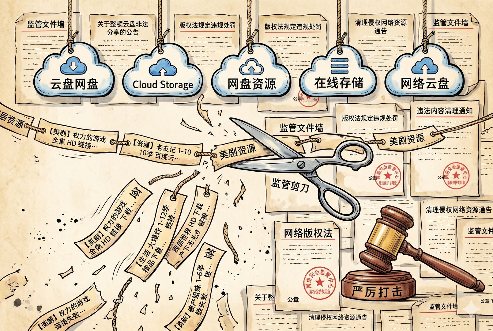 一排云盘图标悬在空中，下方成串的“美剧资源”分享链接像纸签一样被剪断坠落，背景是带公章与法槌的监管文件墙，羊皮纸，钢笔彩色手绘的统一风格。