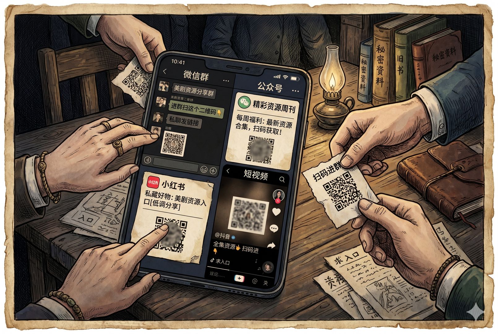 手机屏幕上是微信群、公众号、小红书和短视频平台的界面，几只手通过私聊和群二维码悄悄传递资源入口，画面像地下接头，羊皮纸，钢笔彩色手绘的统一风格。