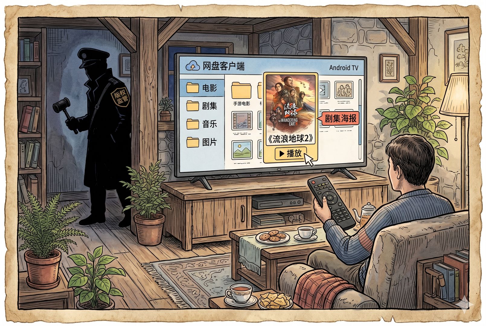 客厅里的安卓电视正播放网盘客户端界面，沙发上的家庭用户用遥控器直接点开剧集海报，另一侧隐约站着监管者的剪影，羊皮纸，钢笔彩色手绘的统一风格。
