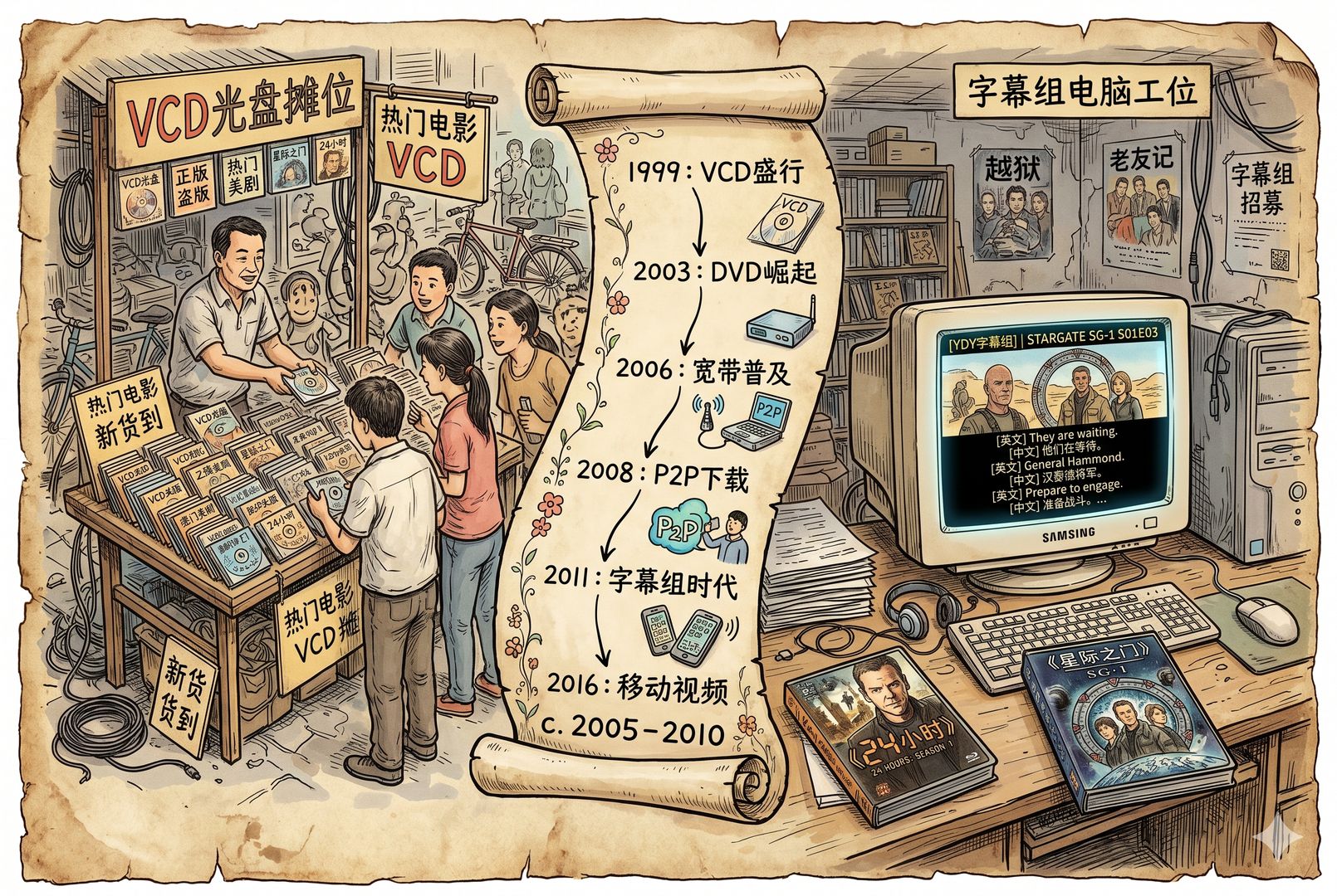 一张时间长卷从VCD光盘摊位延伸到字幕组电脑工位，老式CRT显示器上滚动字幕，旁边摆着《24小时》和《星际之门》碟盒，羊皮纸，钢笔彩色手绘的统一风格。