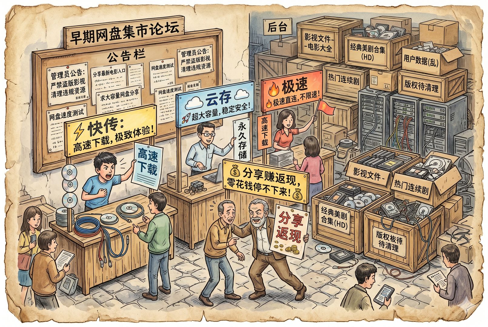 几家早期网盘平台像集市摊主一样在论坛公告栏前争抢用户，海报上写着“高速下载”“分享返现”，后台却堆着成箱影视文件，羊皮纸，钢笔彩色手绘的统一风格。