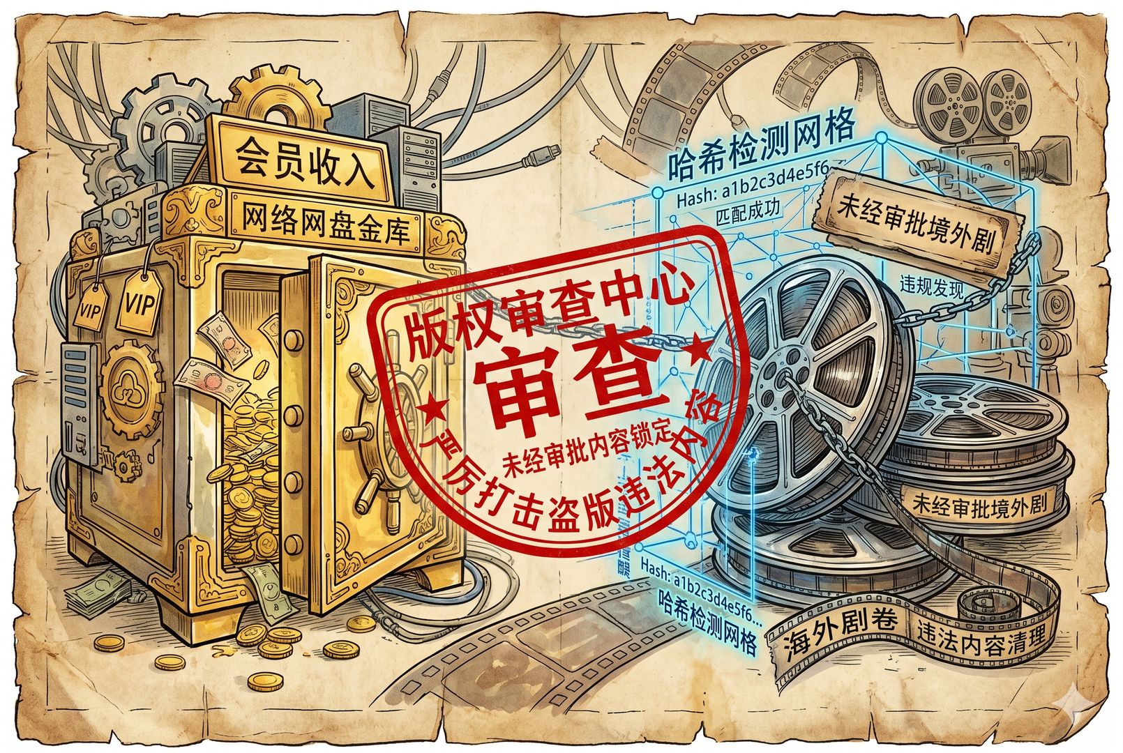 一侧是写着“会员收入”的网盘金库，另一侧是标有“未经审批境外剧”的胶片卷，被红色审查章与哈希检测网格同时锁定，羊皮纸，钢笔彩色手绘的统一风格。