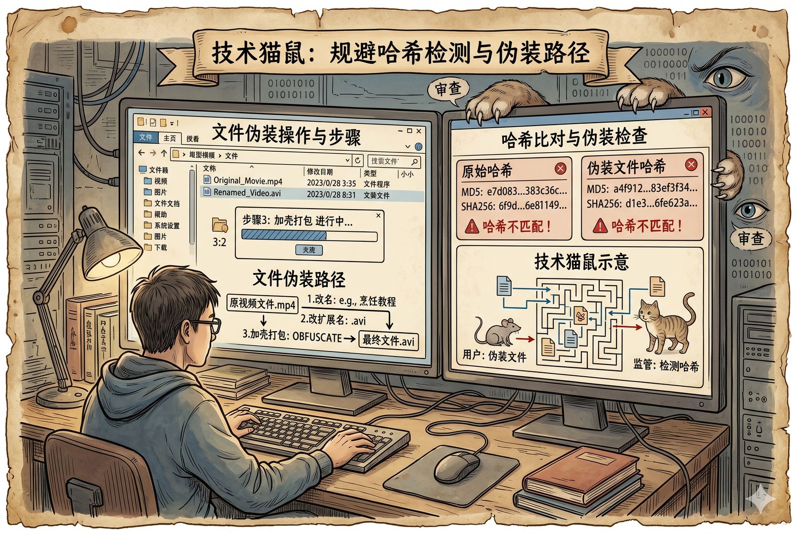 一位用户在桌前重新给视频文件改名、改扩展名、加壳打包，屏幕上同时出现哈希比对和文件伪装示意，像一场技术猫鼠游戏，羊皮纸，钢笔彩色手绘的统一风格。