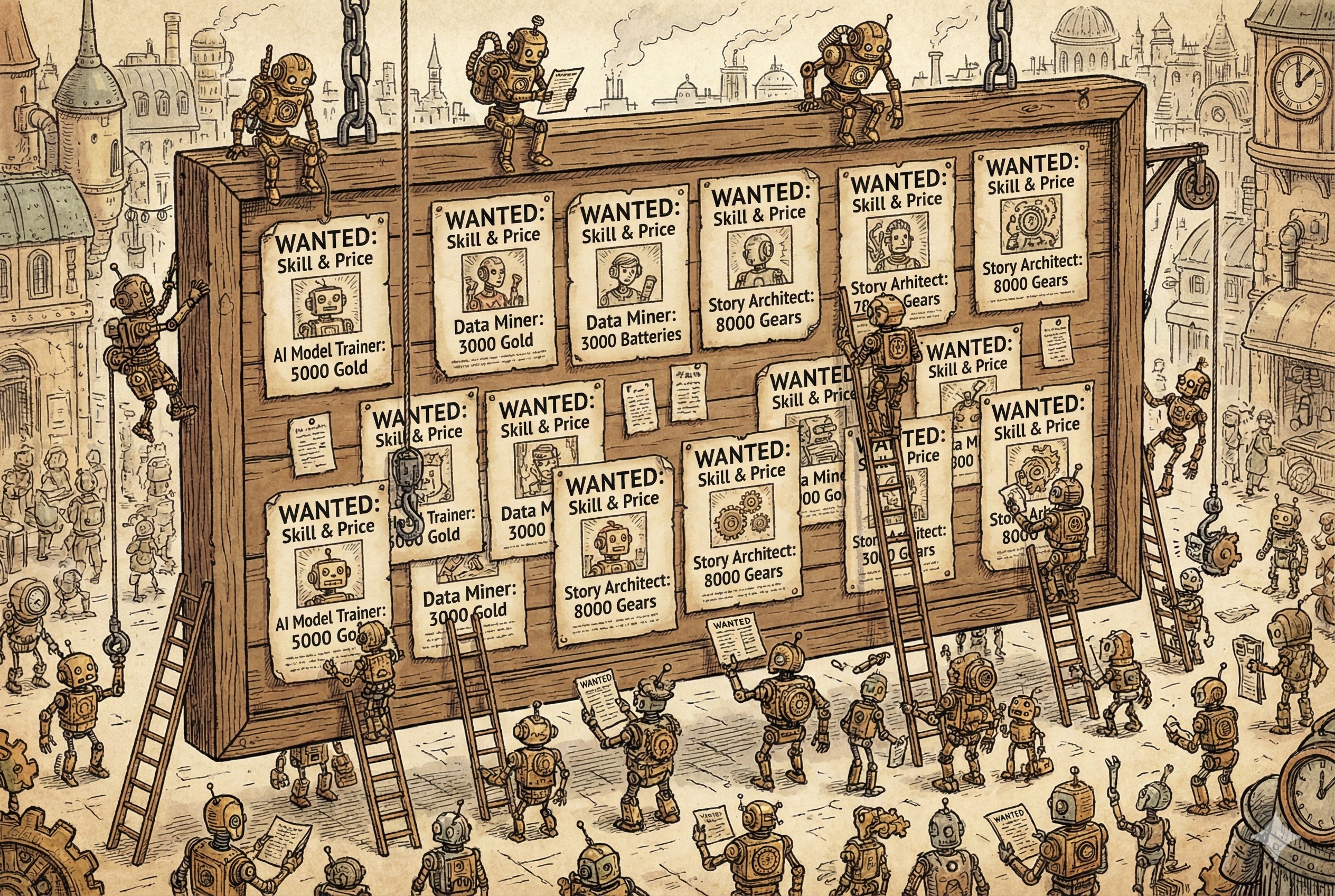 一个悬挂在空中的巨大木制告示板，上面钉满了写着技能和价格的悬赏单，许多微小的发条机器人正在围观和挑选，羊皮纸，钢笔彩色手绘的统一风格。