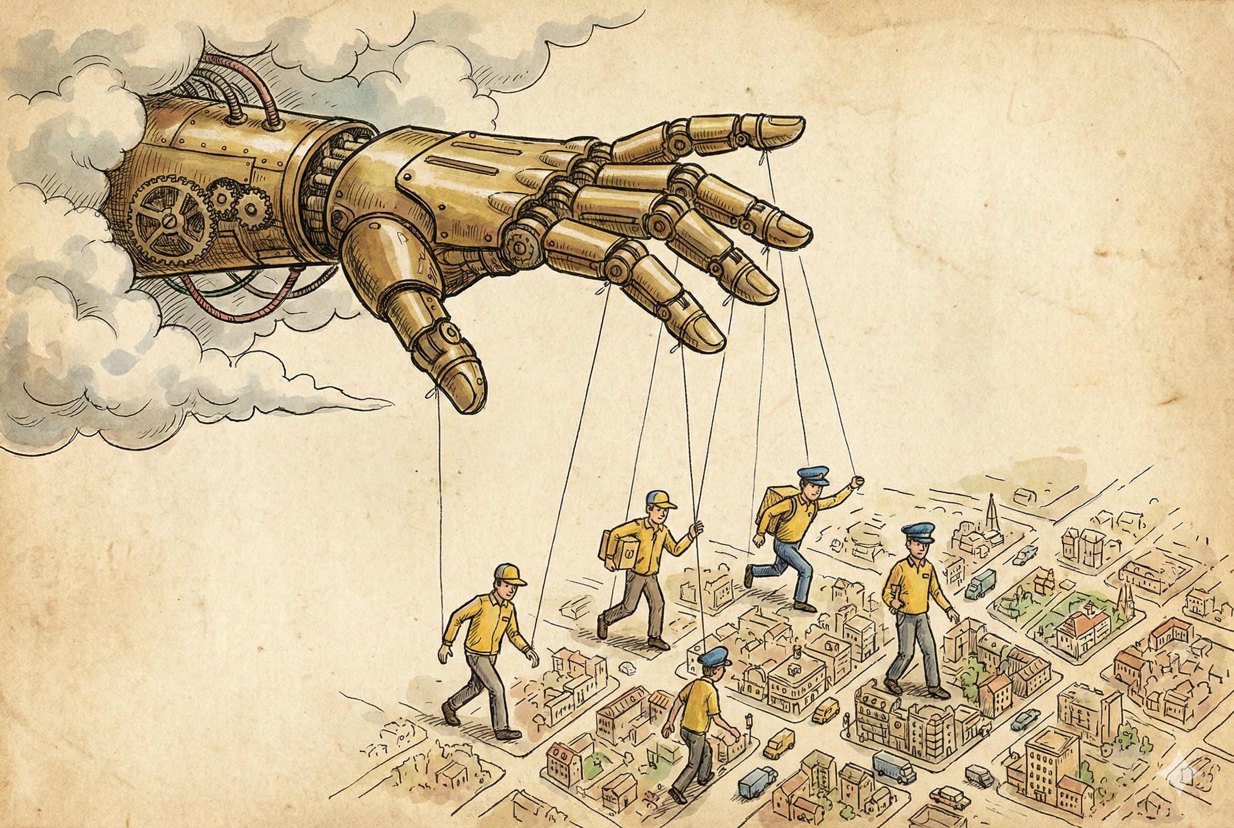 一只巨大的机械金属手在云端操控着地面上的提线木偶，木偶们穿着外卖员和司机的制服在城市地图上移动，羊皮纸，钢笔彩色手绘的统一风格。