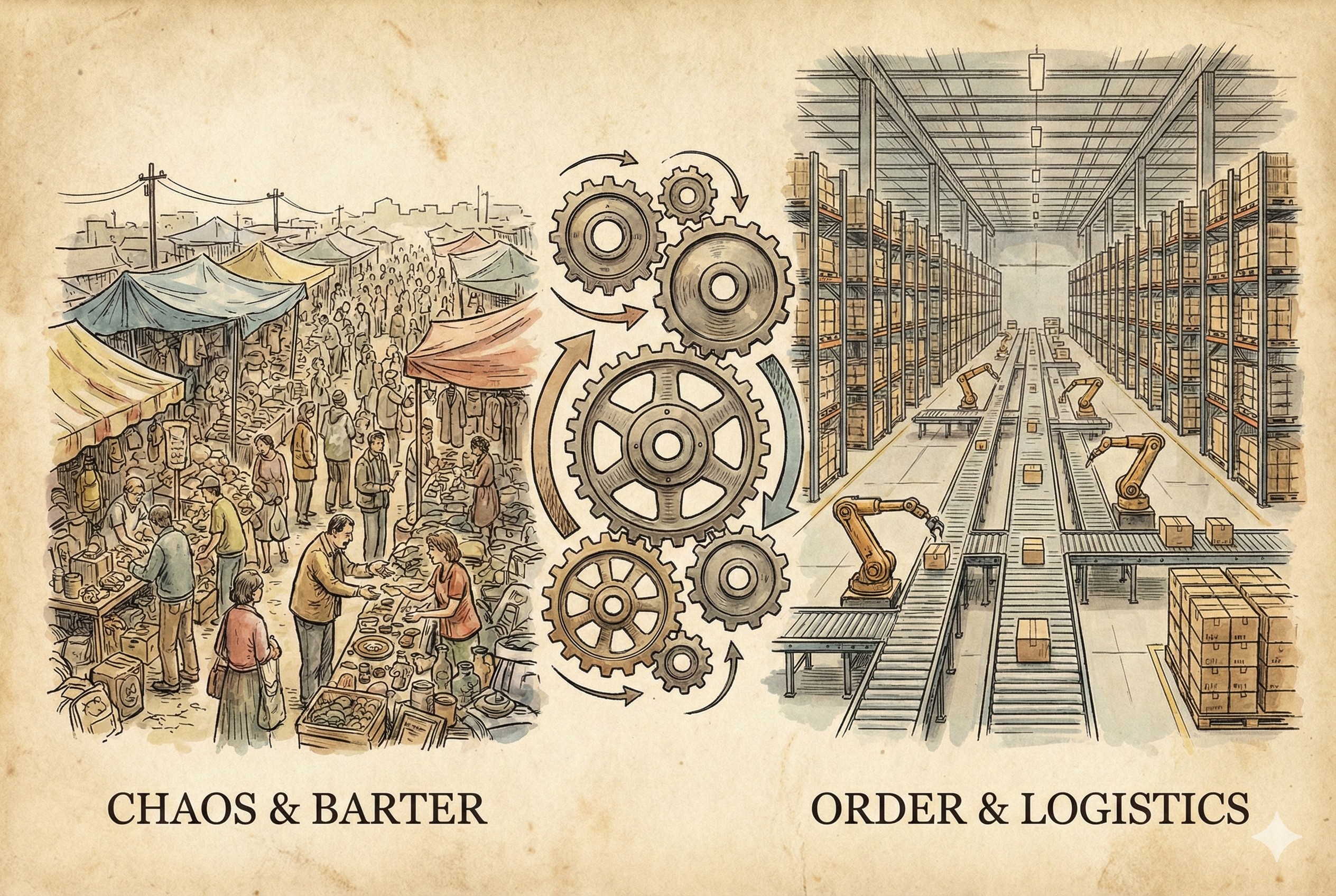 一幅进化的图景，左侧是混乱的跳蚤市场地摊，右侧是整齐划一的巨型物流仓库，中间用齿轮和箭头连接，羊皮纸，钢笔彩色手绘的统一风格。