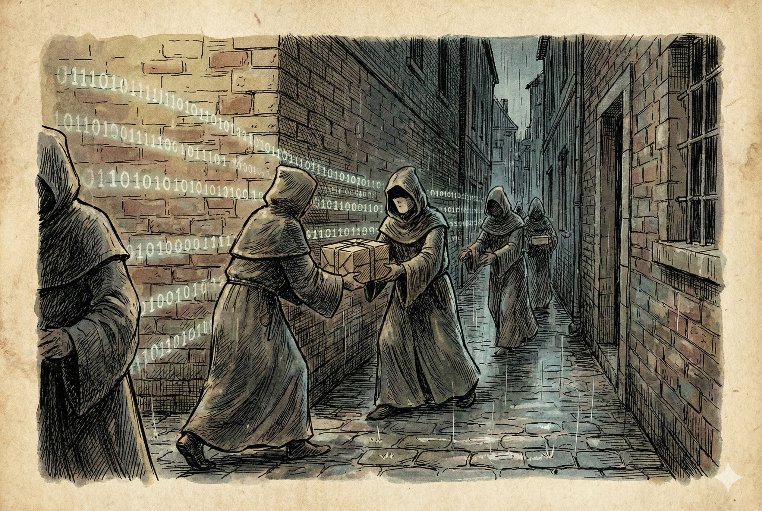 黑暗的巷弄中，几个看不清面孔的人正在接力传递一个神秘包裹，背景中有隐约的二进制代码流动，象征离散化的灰色交易，羊皮纸，钢笔彩色手绘的统一风格。