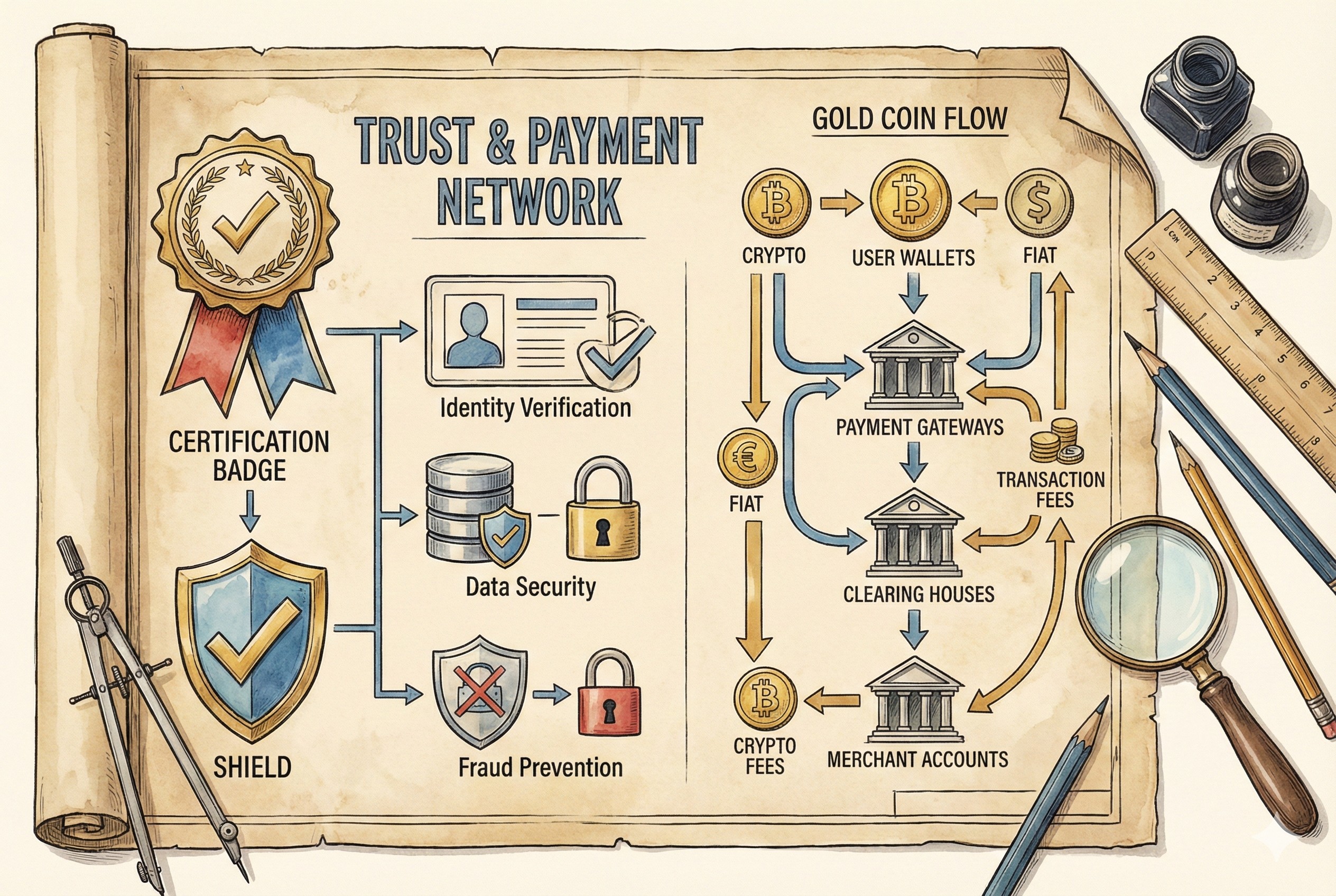 一张展开的工程蓝图，上面绘制着认证勋章、盾牌和金币流向图，旁边放着绘图工具，象征构建信任和支付体系，羊皮纸，钢笔彩色手绘的统一风格。
