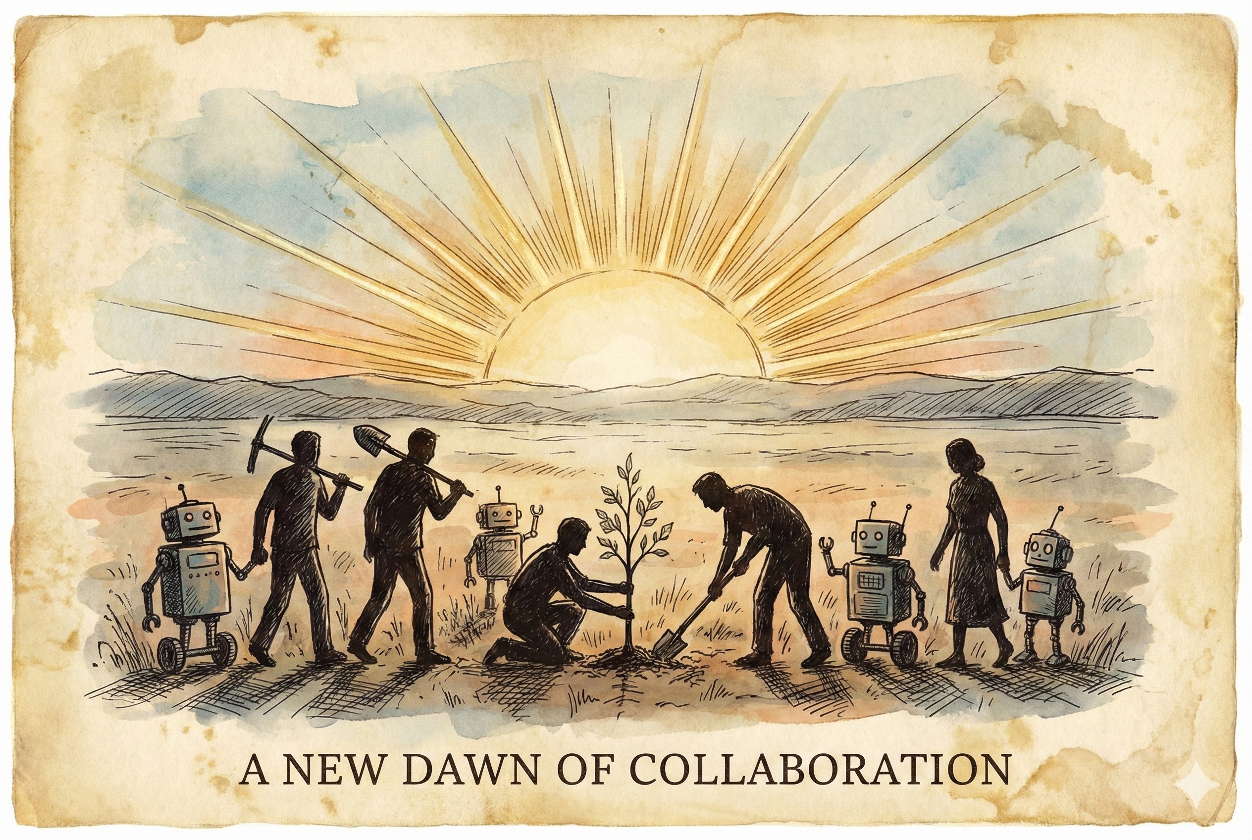 远处的地平线上太阳正在升起，前景是人类和小型机器人并肩工作的剪影，充满希望的氛围，羊皮纸，钢笔彩色手绘的统一风格。