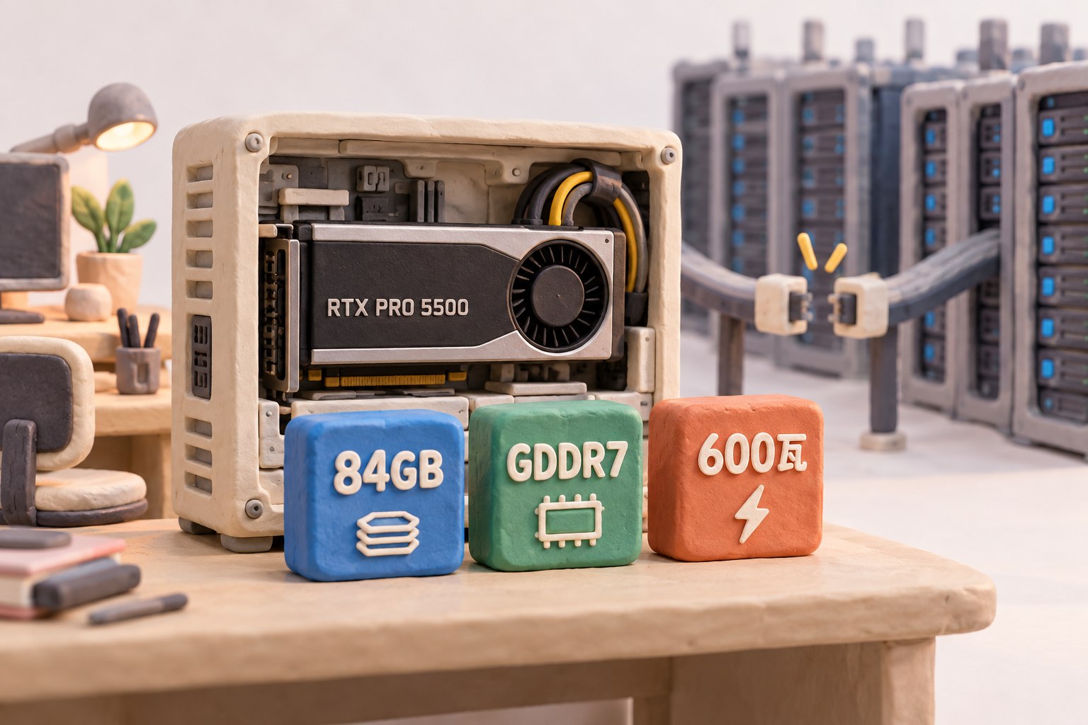 浅色橡皮泥微缩工作站放在画面中央,单张RTX PRO 5500显卡插入机架,旁边摆放三枚立体参数积木;机架后方有一条未接通的卡间通路,用构图解释工作站卡与大集群的差别
