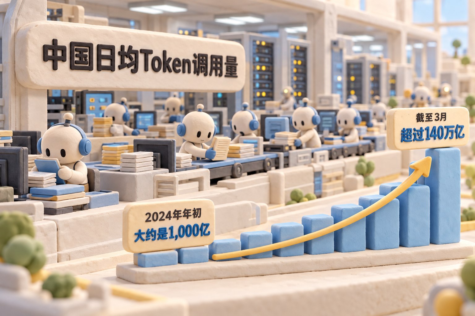 一座浅色橡皮泥微缩数据中心里,许多小型智能体在各自工位反复读取资料并把任务递给下一道工序,机房外的Token调用量刻度沿前景逐级上升;表现推理需求增长,避免把观点画成已证实事实