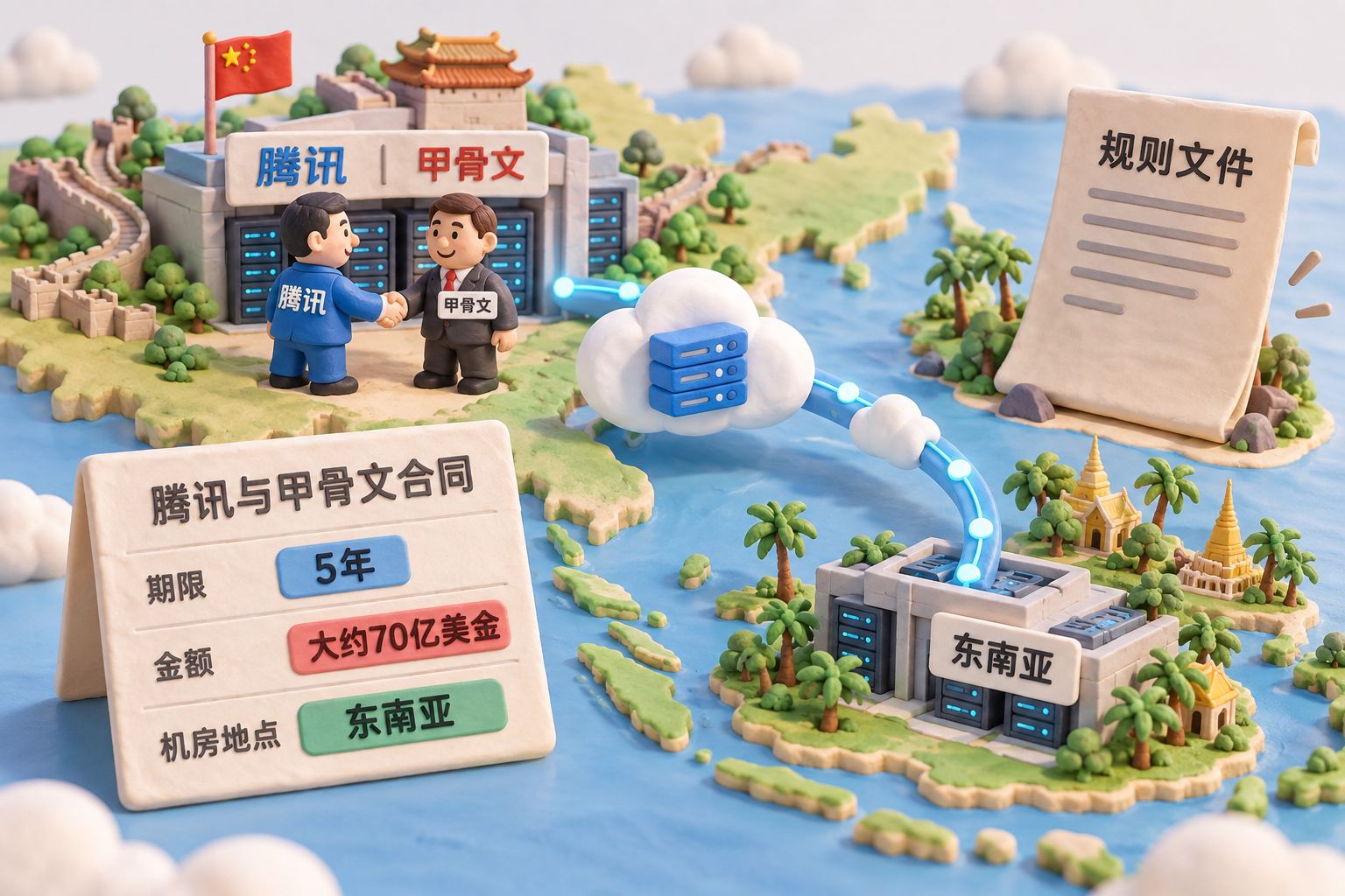 浅色橡皮泥微缩地图以中国和东南亚两处机房为主体,一条弯曲的云算力租用路径连接两座机房;旁边立起一份尚未盖章的规则文件,表现未来政策可能变化而非确定禁令