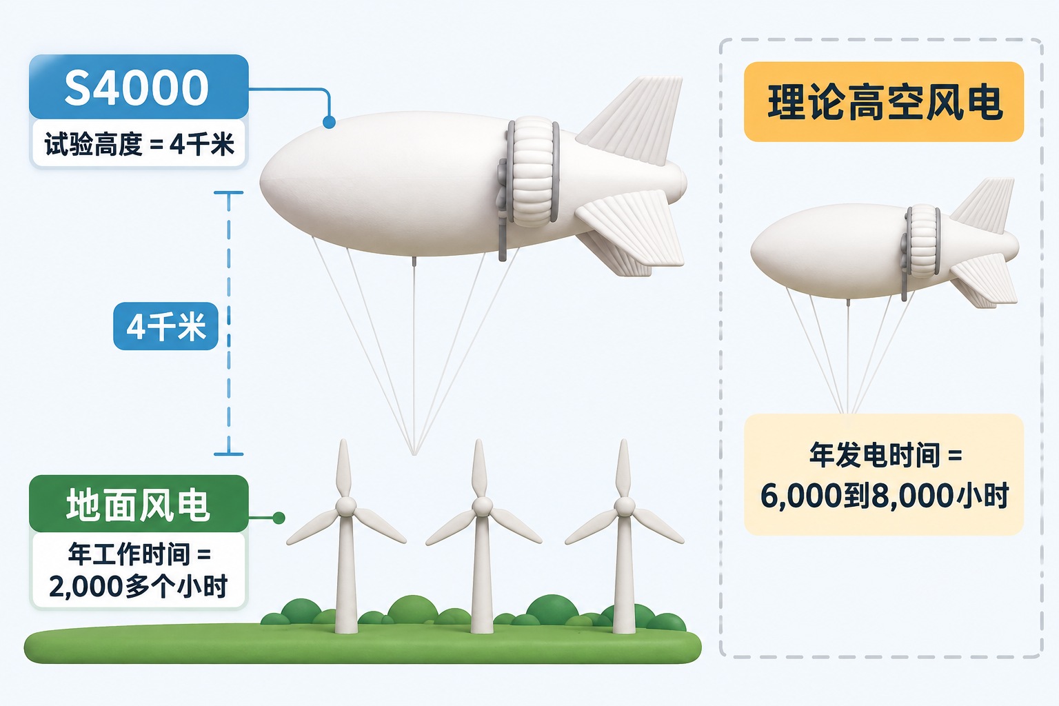 正视二维分层信息图，上下只画两层：下层地表风机，上层S4000气球，S4000明确标在4千米位置，白色细长氦气蒙皮、尾翼、尾部环形部件、两侧发电模组与向地面下垂的缆绳清楚可辨；右侧另设独立虚线框，标题写“理论高空风电”，与已经完成的S4000试验明显分开