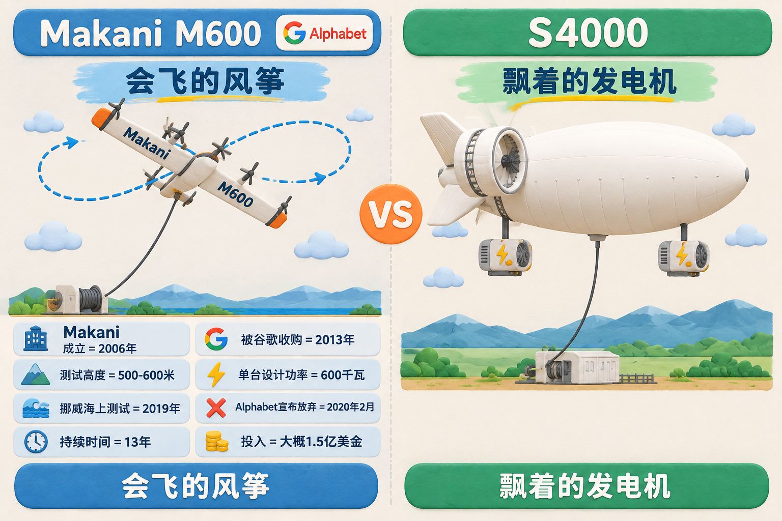 采用左右双路线对照图，左侧是Makani M600碳纤维固定翼飞机沿八字形航迹飞行并由缆绳连接地面，右侧是白色细长氦气飞艇状蒙皮的S4000稳定悬停，两侧挂发电模组，尾部附近有大型涵道或环形部件、尾翼和下垂系留缆绳；突出“会飞的风筝”与“飘着的发电机”的工程差异