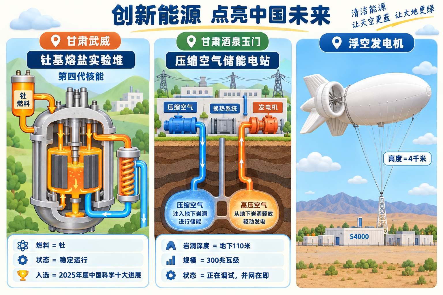 采用横向三联结构信息图，左侧参考钍基熔盐实验堆示意结构，以反应堆容器和循环管路表现“烧钍不烧铀”；中间参考地下岩洞压缩空气储能结构，以地面设备、地下岩洞和空气压入与释放的双向箭头表现储能过程