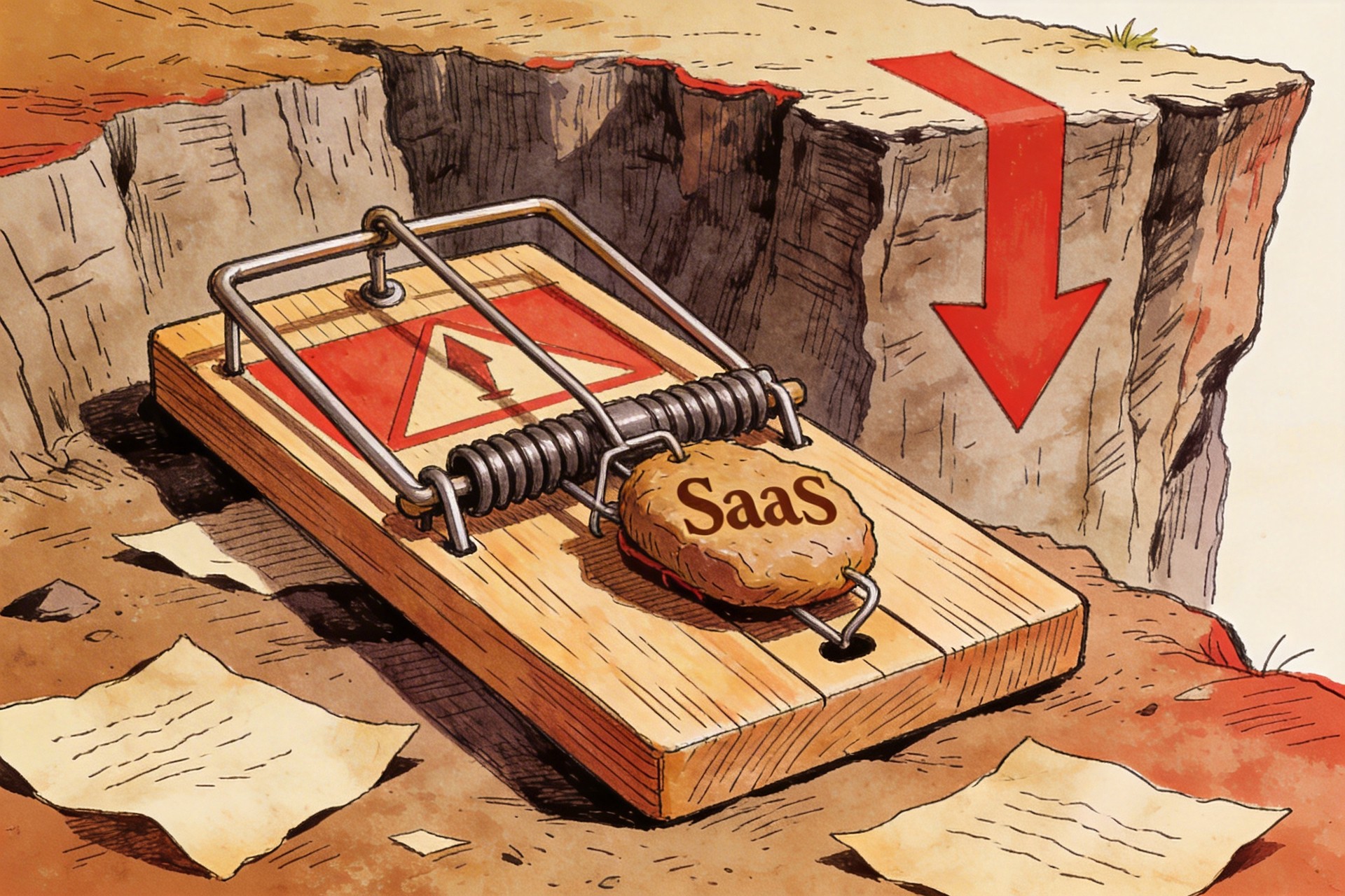 一个巨大的木制老鼠夹，上面放着写有SaaS的诱饵，周围是悬崖和向下的红色危险箭头，羊皮纸，钢笔彩色手绘的统一风格。