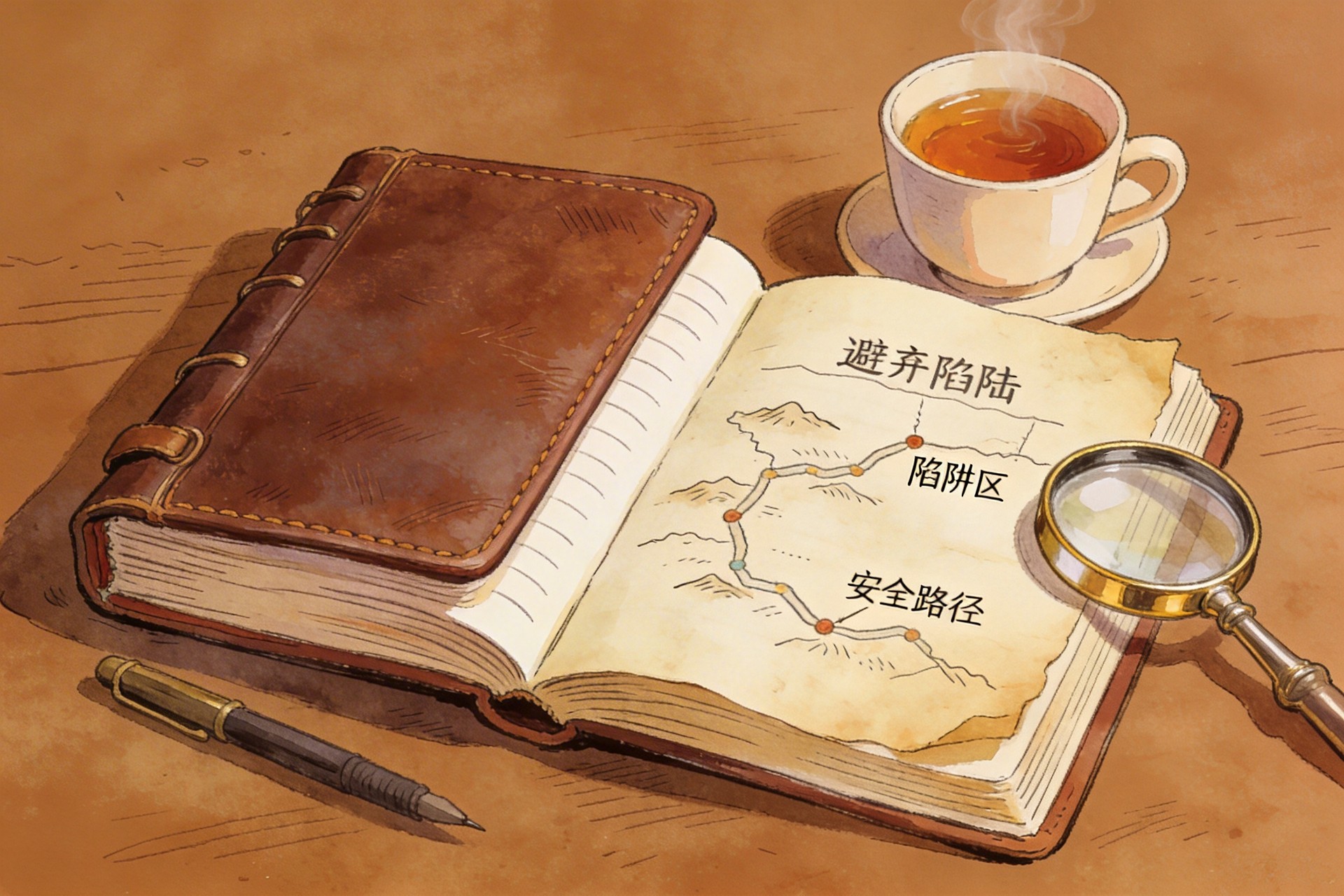 一本厚实的皮革封皮日记本，旁边放着一杯热气腾腾的茶水和一把放大镜，日记本上画着避开陷阱的路线图，羊皮纸，钢笔彩色手绘的统一风格。