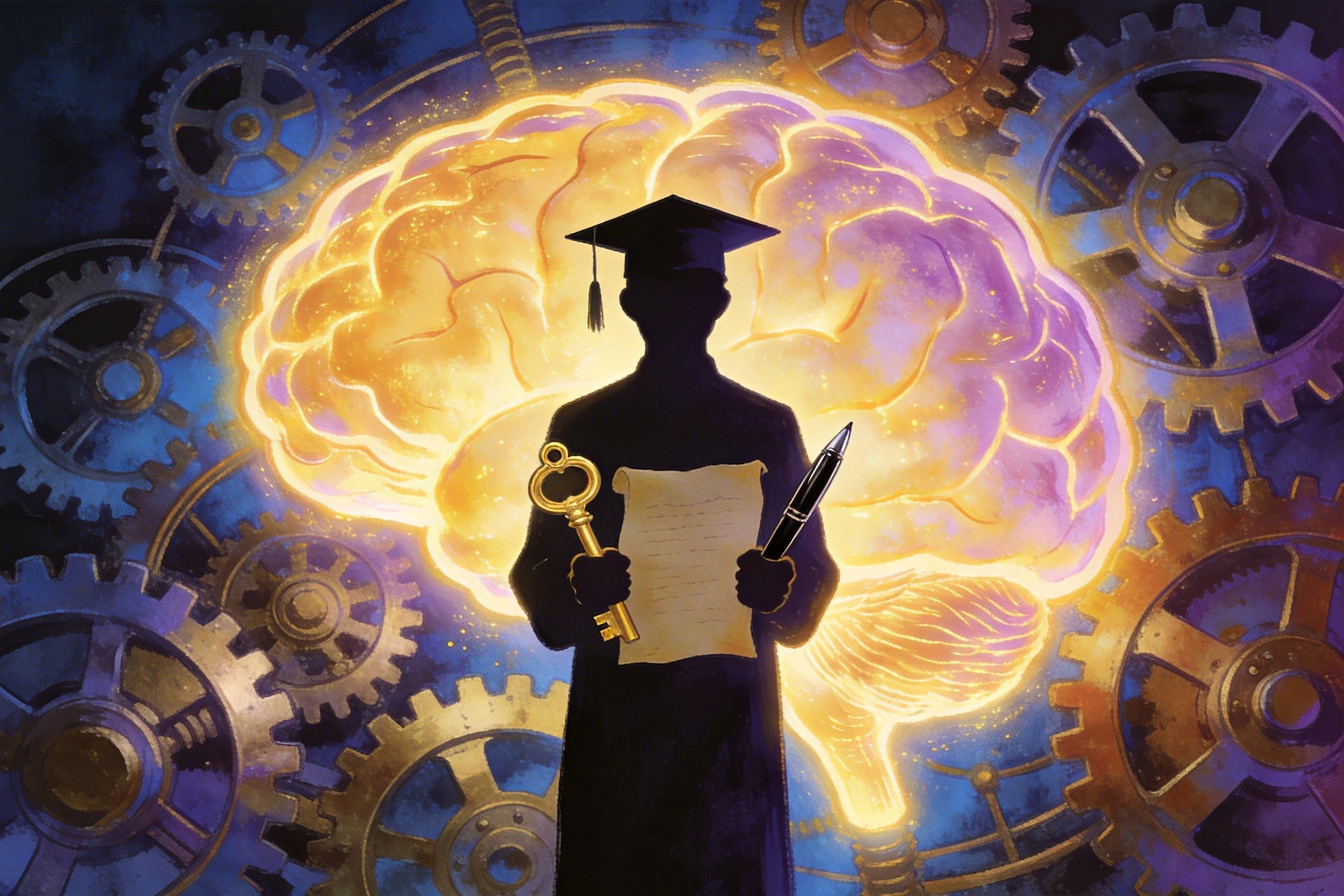 一个戴着学士帽的人类剪影正站在巨大的发光大脑和发条齿轮前，手中紧紧握着一把金钥匙，羊皮纸，钢笔彩色手绘的统一风格。