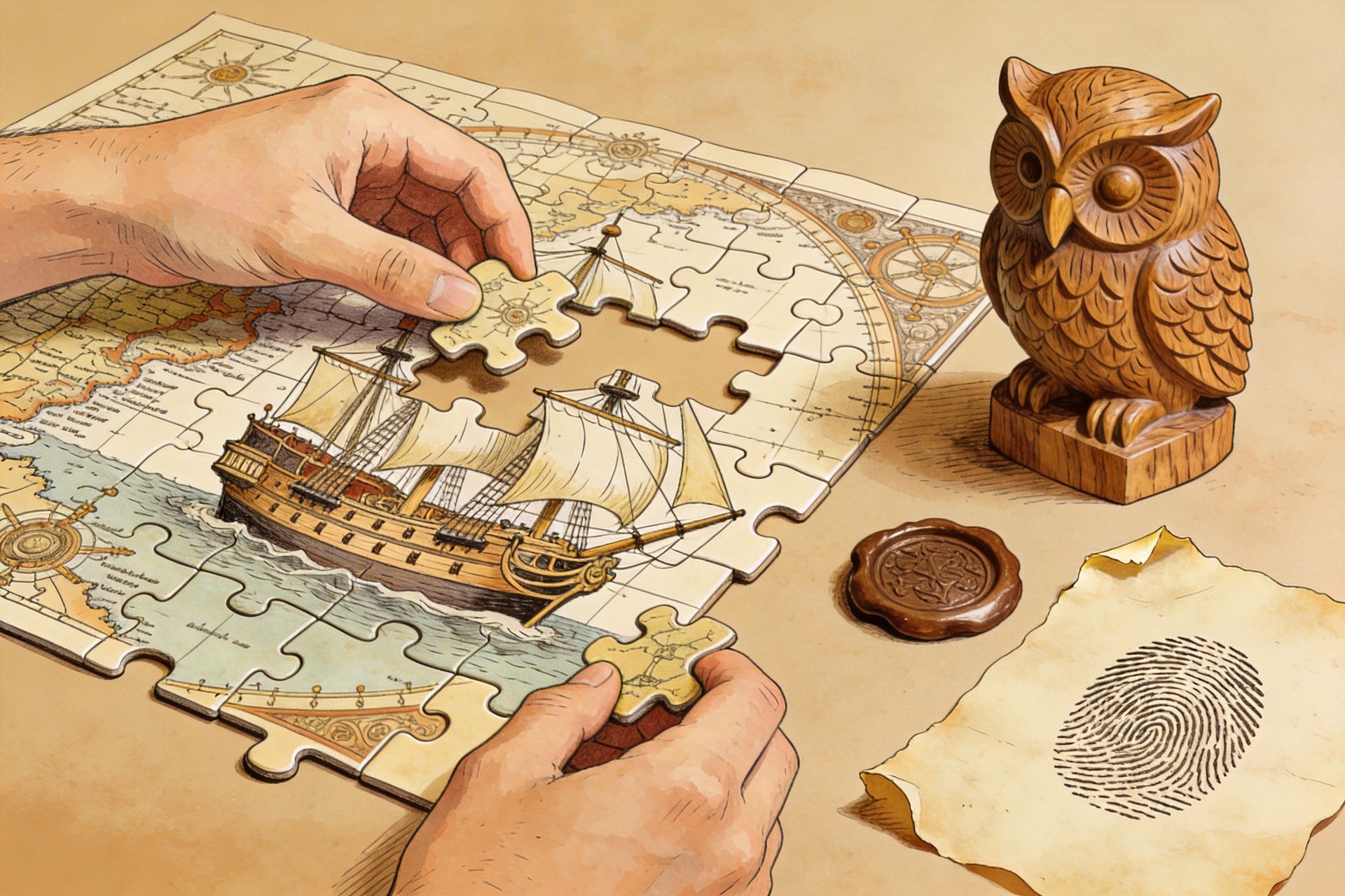 一双正在拼凑巨大航海拼图的手，旁边放着代表智慧的猫头鹰木雕像和一枚刻着指纹的印章，羊皮纸，钢笔彩色手绘的统一风格。