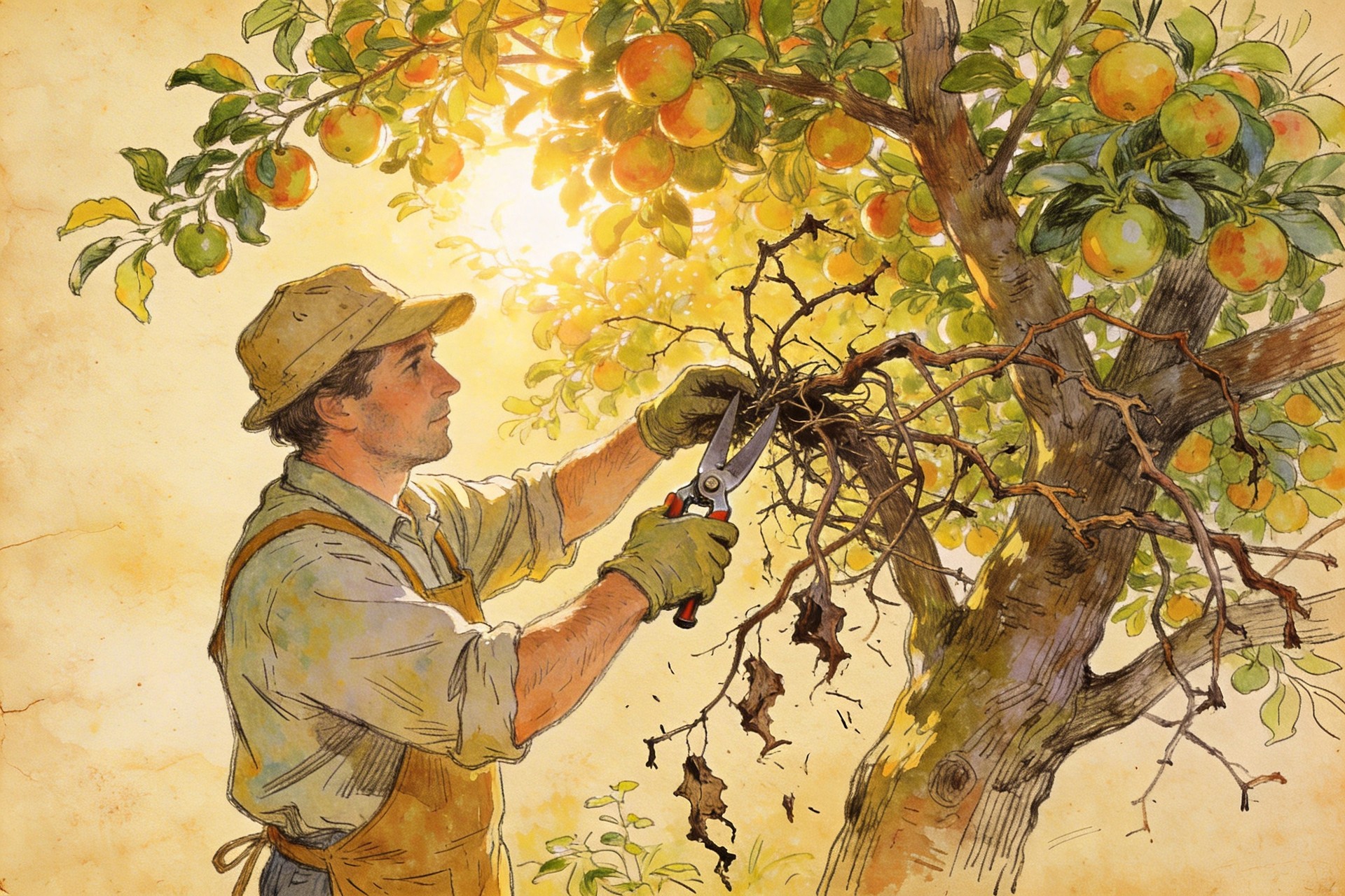 一个正在修剪一棵繁茂大树的园丁，剪掉枯萎和纠缠的死枝，让阳光照耀在结满果实的健康枝干上，羊皮纸，钢笔彩色手绘的统一风格。