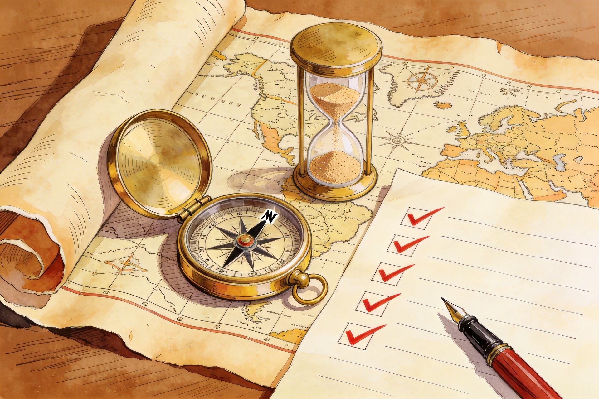 一张摊开的航海图，上面放着黄铜罗盘、沙漏和一份打着红色对勾的任务清单，羊皮纸，钢笔彩色手绘的统一风格。