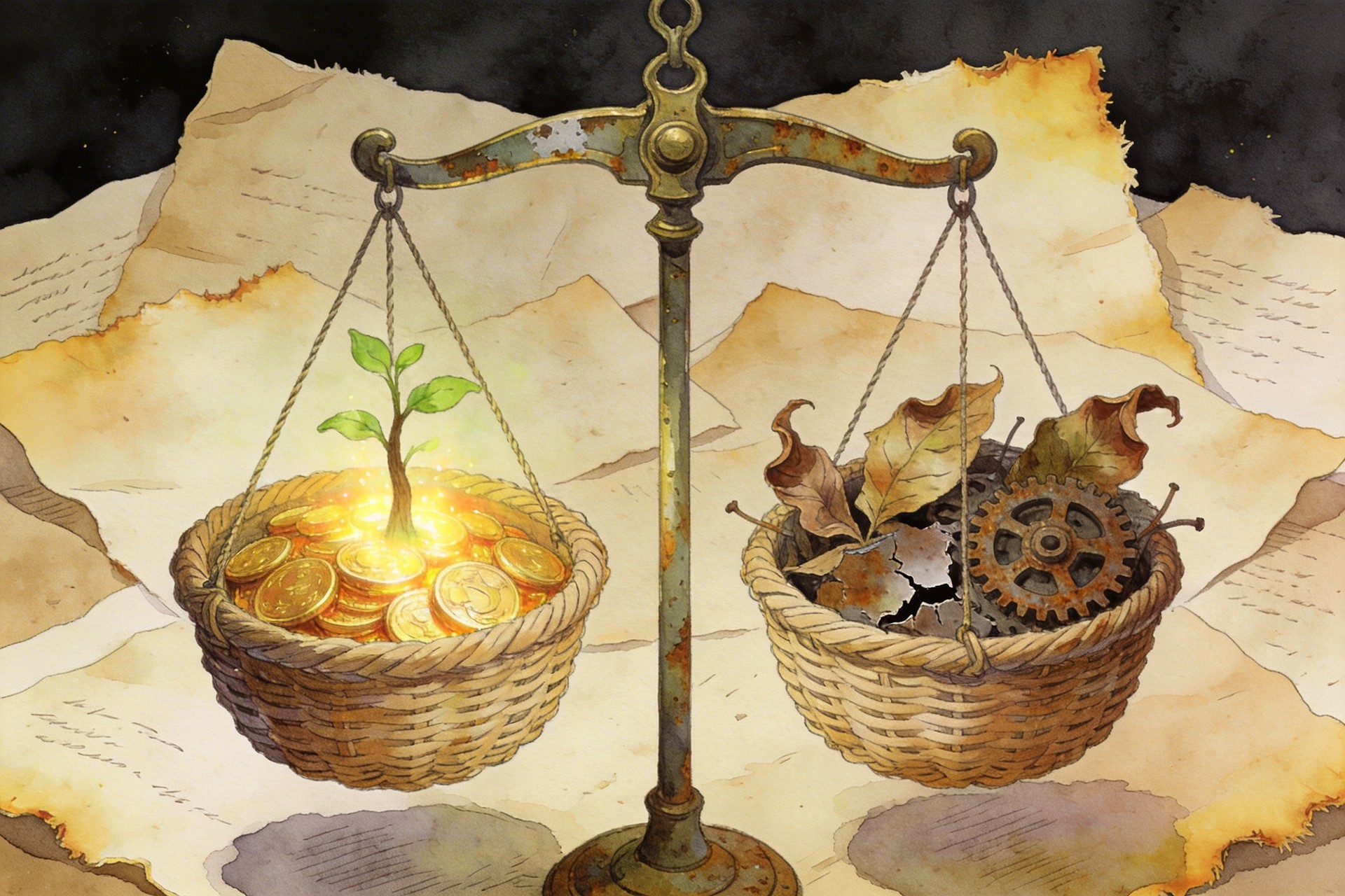 两个挂在复古天平两端的手工编织篮子，一个篮子装着发光的金币和向上生长的树苗，另一个篮子装满枯叶和破裂的齿轮，羊皮纸，钢笔彩色手绘的统一风格。