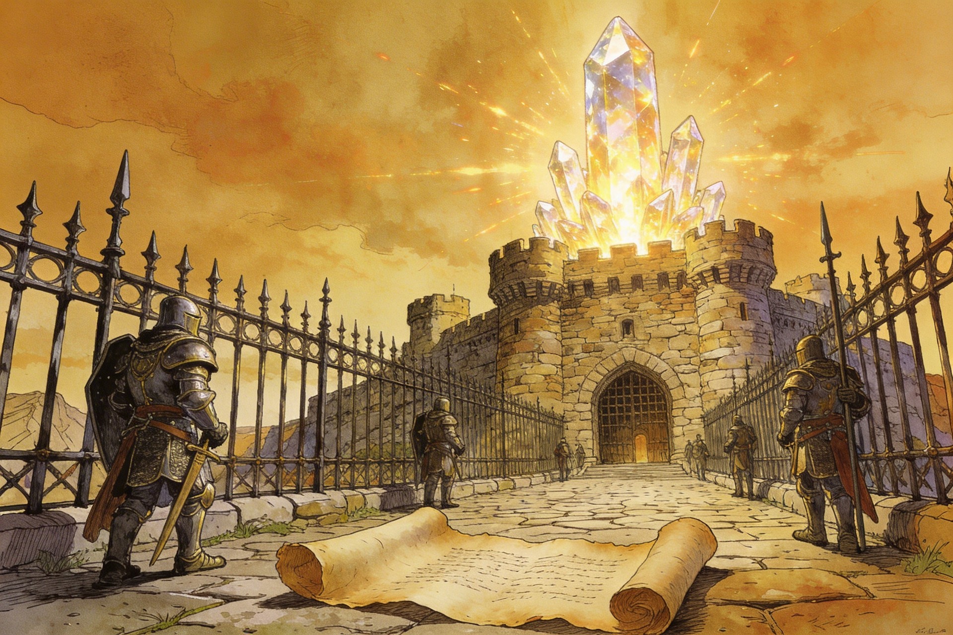 一座坚固的石头堡垒，顶部有巨大的发光水晶塔散发着光芒，周围环绕着坚不可摧的铁栅栏和巡逻的重甲骑士，羊皮纸，钢笔彩色手绘的统一风格。