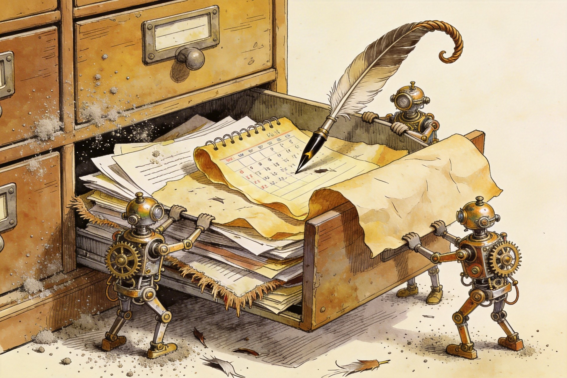 满是灰尘的旧档案柜，几个精密的机械发条小人正试图搬走里面成堆的废弃文件、折断的羽毛笔和日历，羊皮纸，钢笔彩色手绘的统一风格。