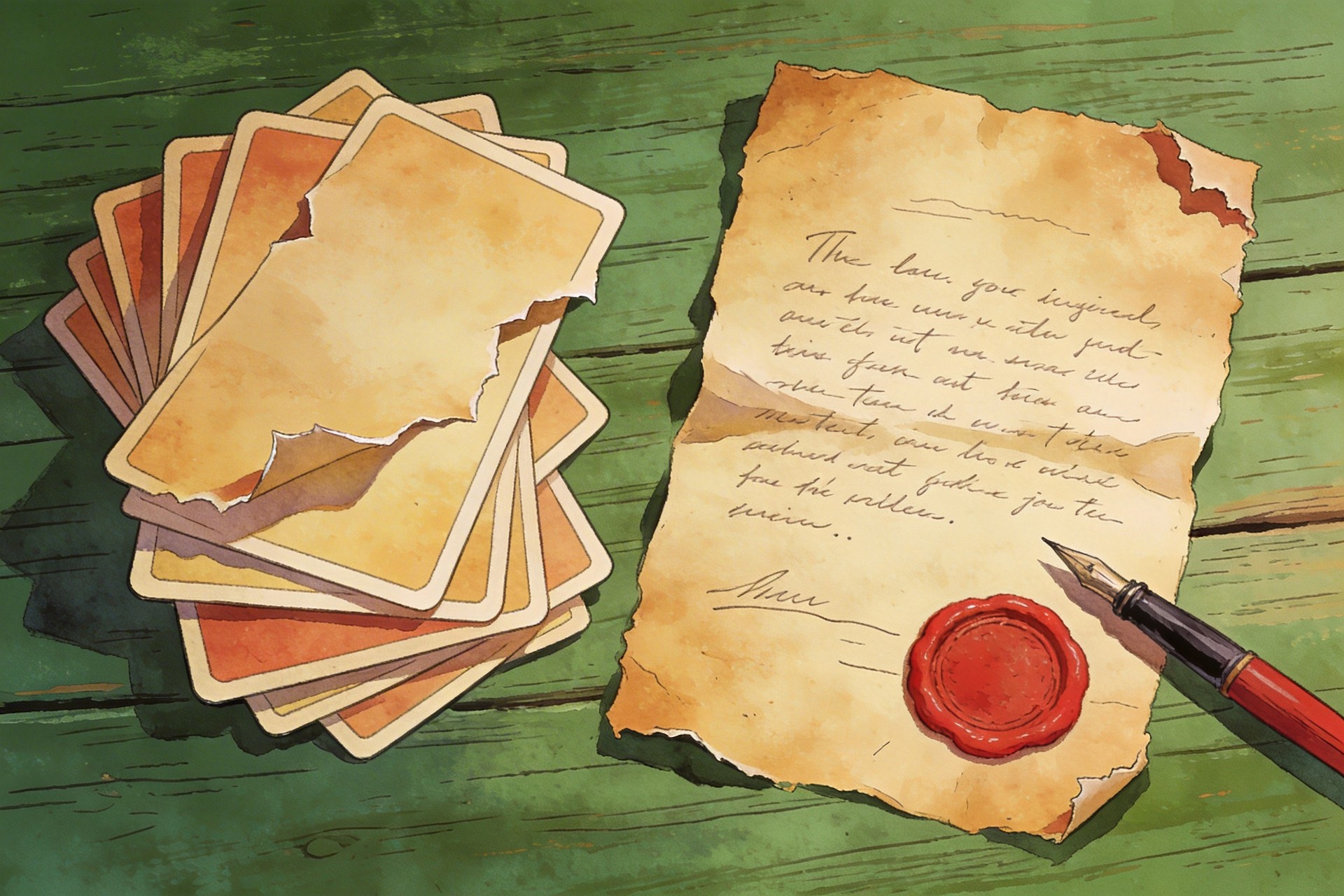 一张赌场风格的绿呢木桌，上面堆叠着摇摇欲坠的筹码，旁边有一张盖着红色厚重印章的庄家契约，羊皮纸，钢笔彩色手绘的统一风格。