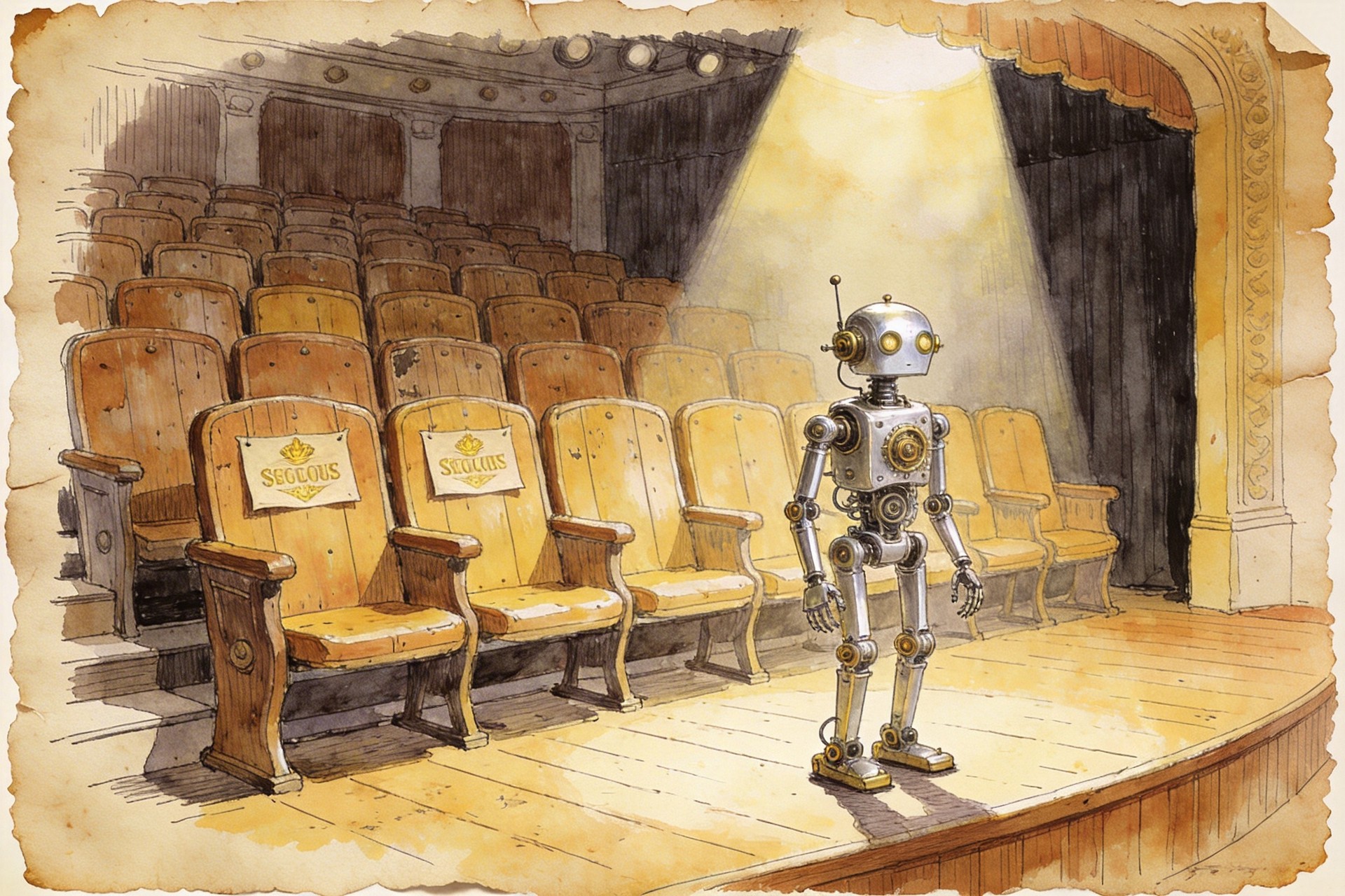 一排空荡荡的剧院旧木座椅，每个座位上都贴着昂贵的纸质价签，而前方的舞台上只有一个机械发条机器人在独立表演，羊皮纸，钢笔彩色手绘的统一风格。