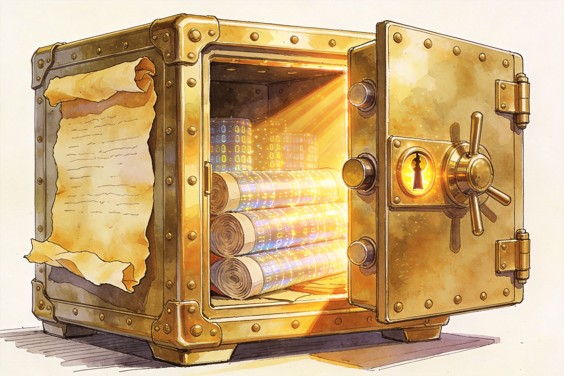 一个精密的黄铜保险箱，厚重的箱门半开着，里面露出闪烁的数据卷轴和发光的锁眼，羊皮纸，钢笔彩色手绘的统一风格。