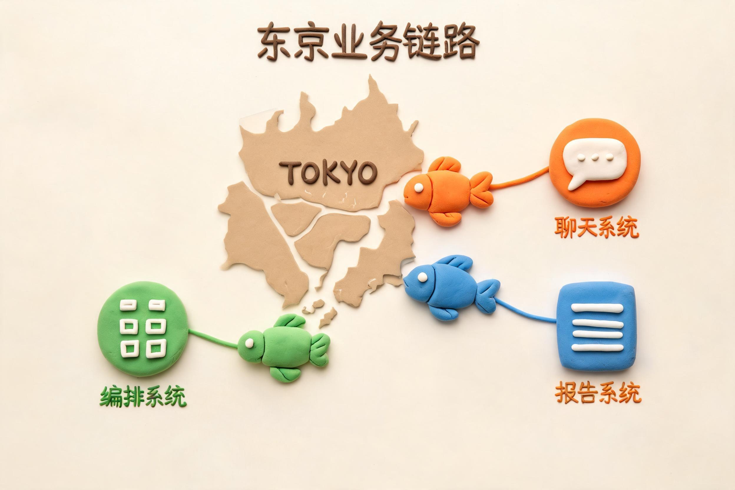 三条橡皮泥小鱼从东京地图上游出,分别连接聊天、报告和编排系统三个小图标,浅色背景的商业评论版橡皮泥平面信息图的统一风格。