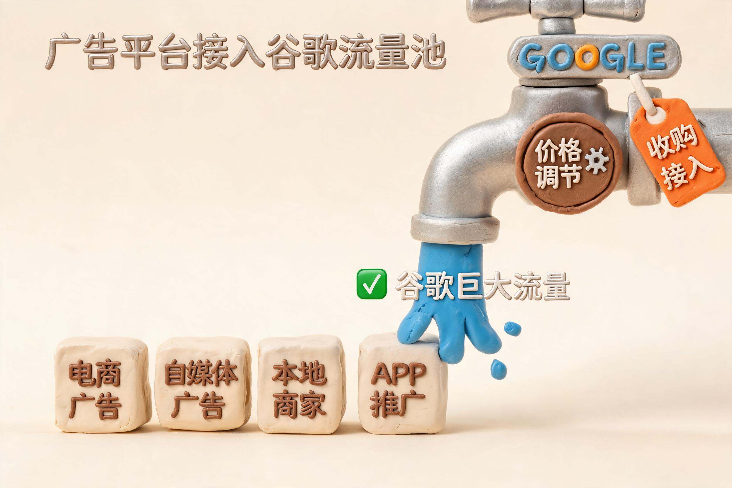 橡皮泥小广告平台排队接入巨大的谷歌流量水龙头,水龙头旁有价格旋钮和收购标签,浅色背景的商业评论版橡皮泥平面信息图的统一风格。