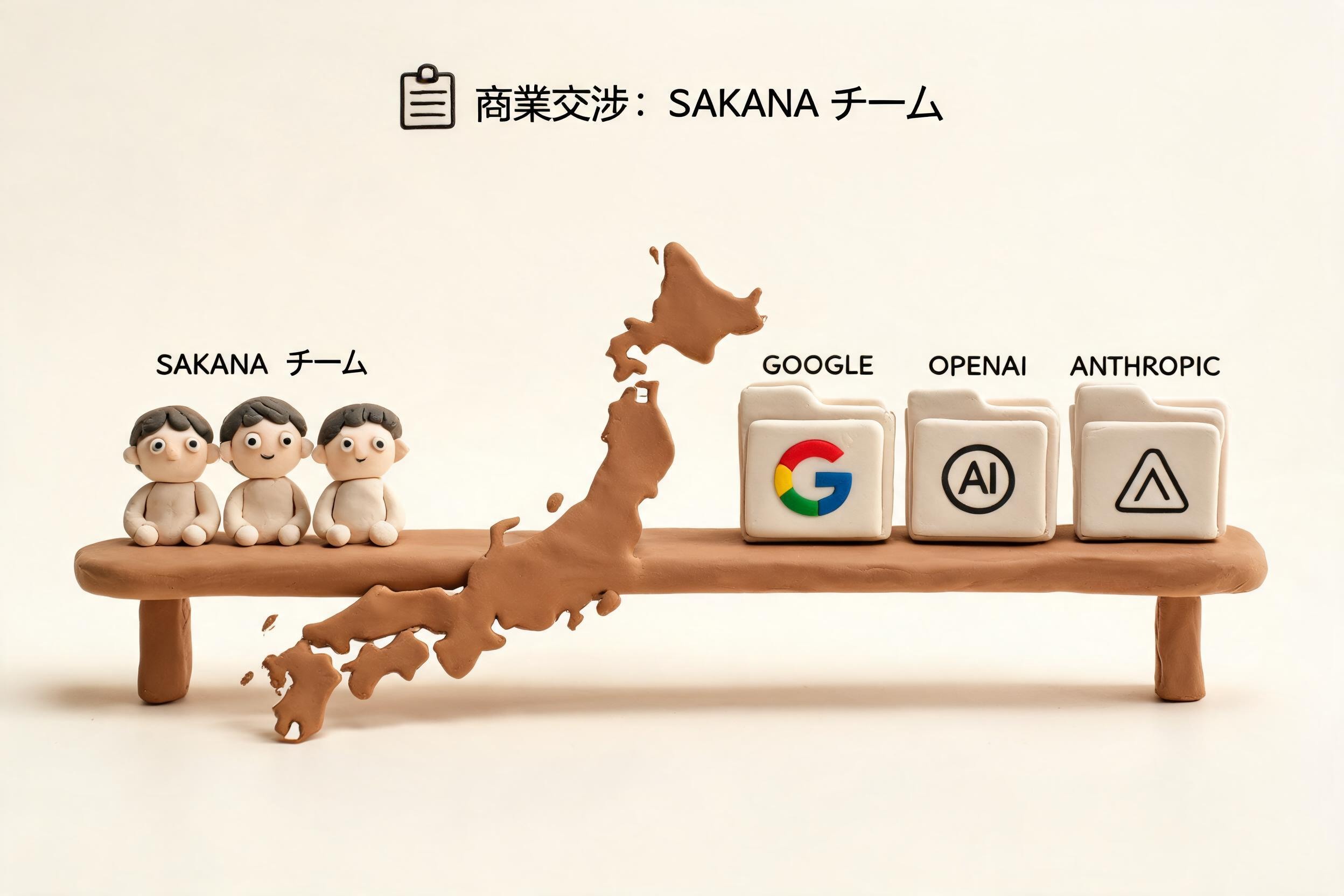橡皮泥 Sakana 团队坐在日本地图形状的谈判桌旁,桌对面是谷歌、OpenAI 和 Anthropic 的收购文件夹,浅色背景的商业评论版橡皮泥平面信息图的统一风格。
