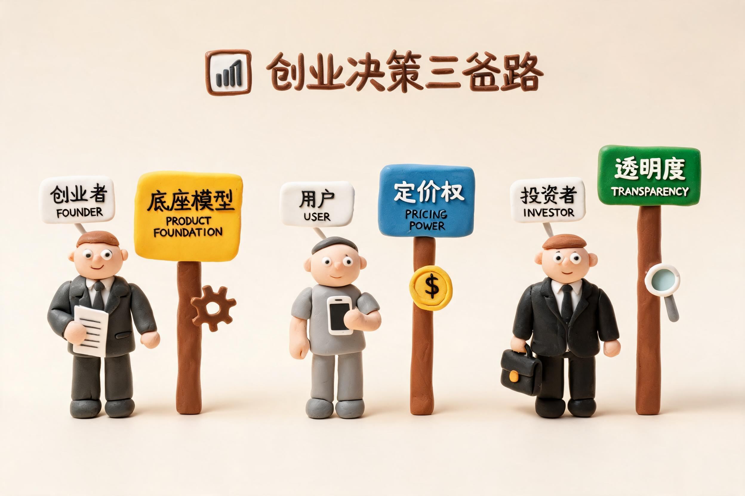 三个橡皮泥角色分别代表创业者、普通用户和投资者,站在底座模型、定价权和透明度三块路标前做选择,浅色背景的商业评论版橡皮泥平面信息图的统一风格。