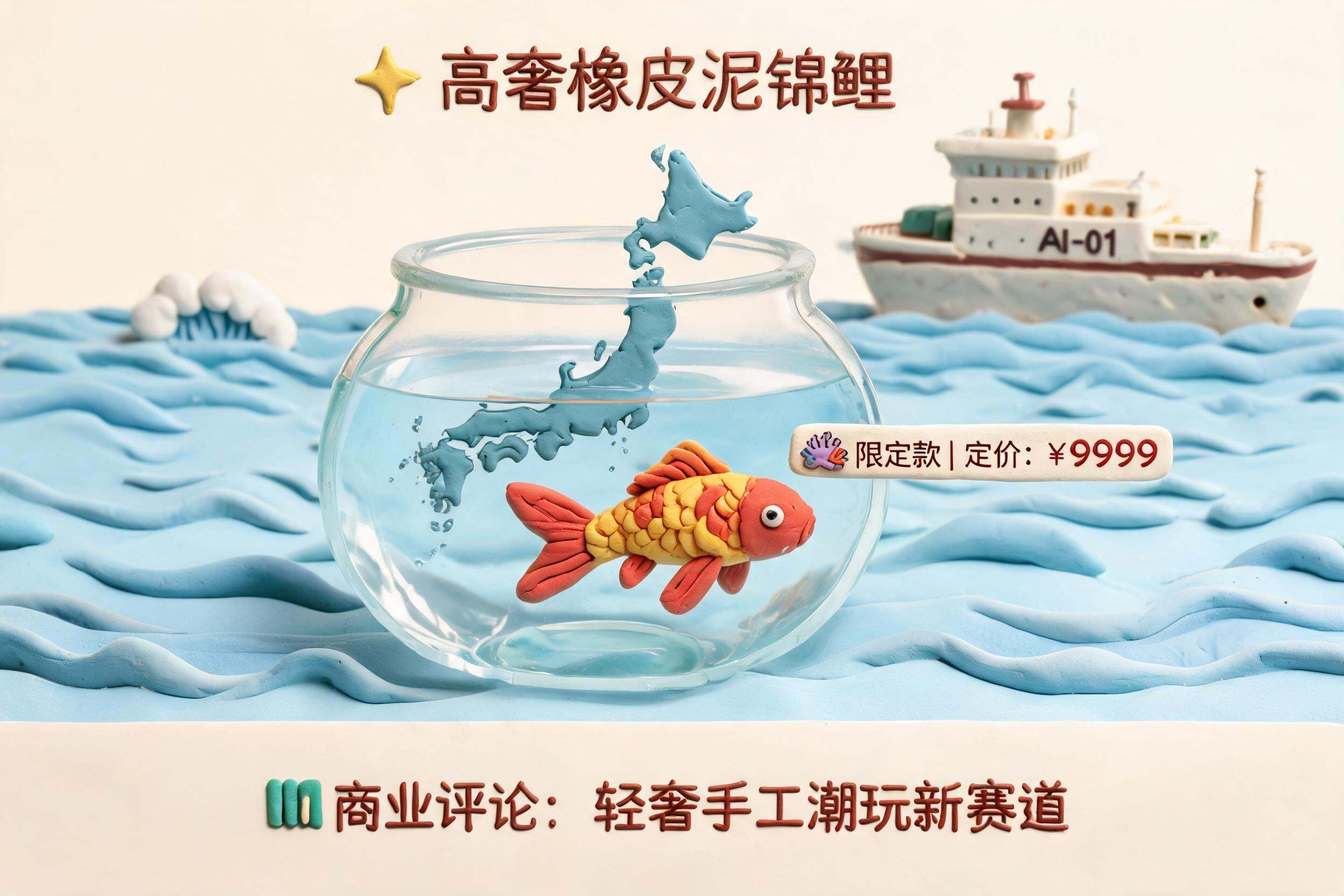 一条昂贵的橡皮泥锦鲤在透明日本地图形鱼缸里游动,鱼缸外是开阔大海和远处 AI 巨轮,浅色背景的商业评论版橡皮泥平面信息图的统一风格。
