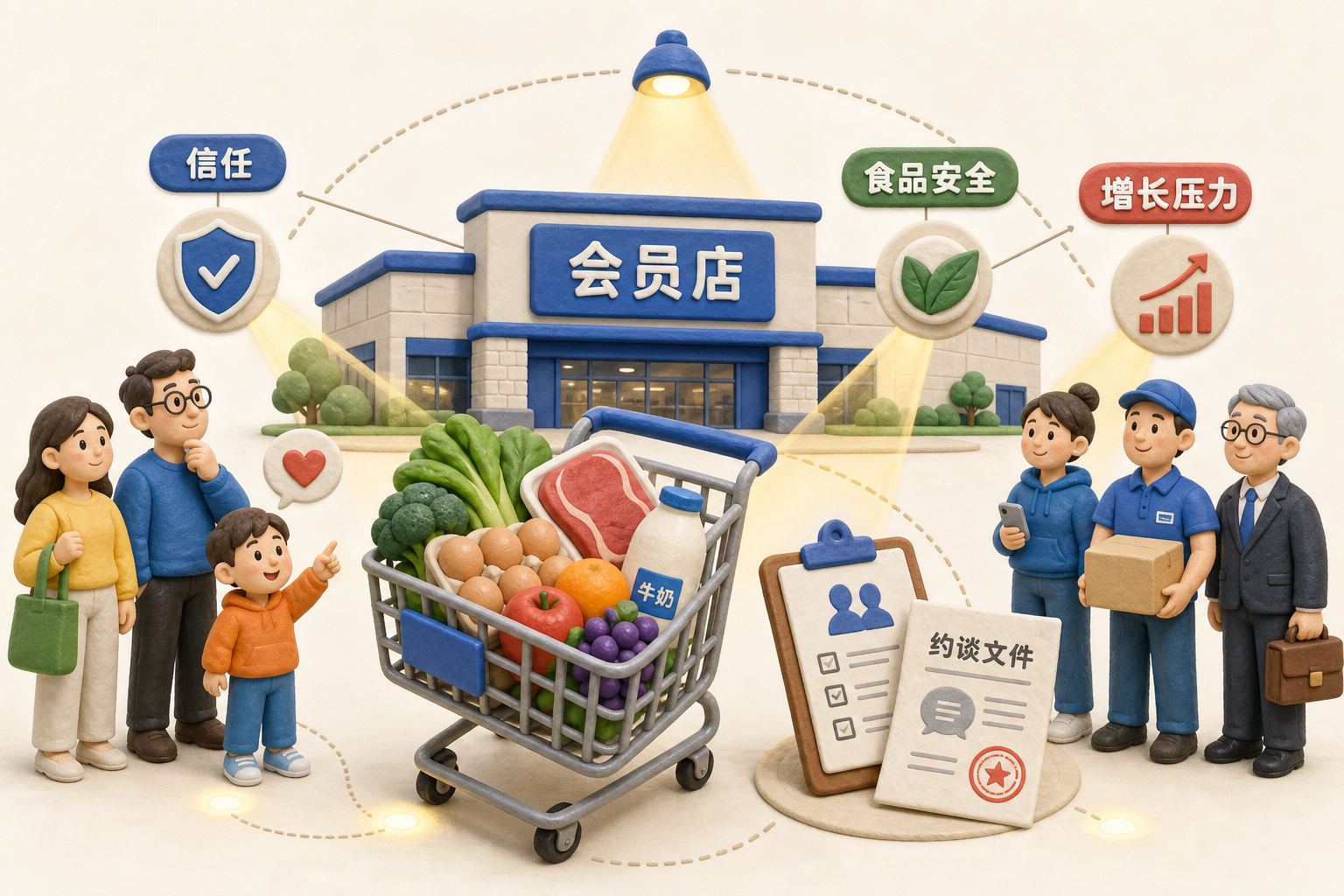 封面图,浅色背景中一座山姆会员店、购物车里的生鲜商品、监管约谈文件和几位城市消费者被聚光灯连接在一起,形成“信任、食品安全、增长压力”的商业评论构图,浅色背景的商业评论版橡皮泥平面信息图的统一风格。