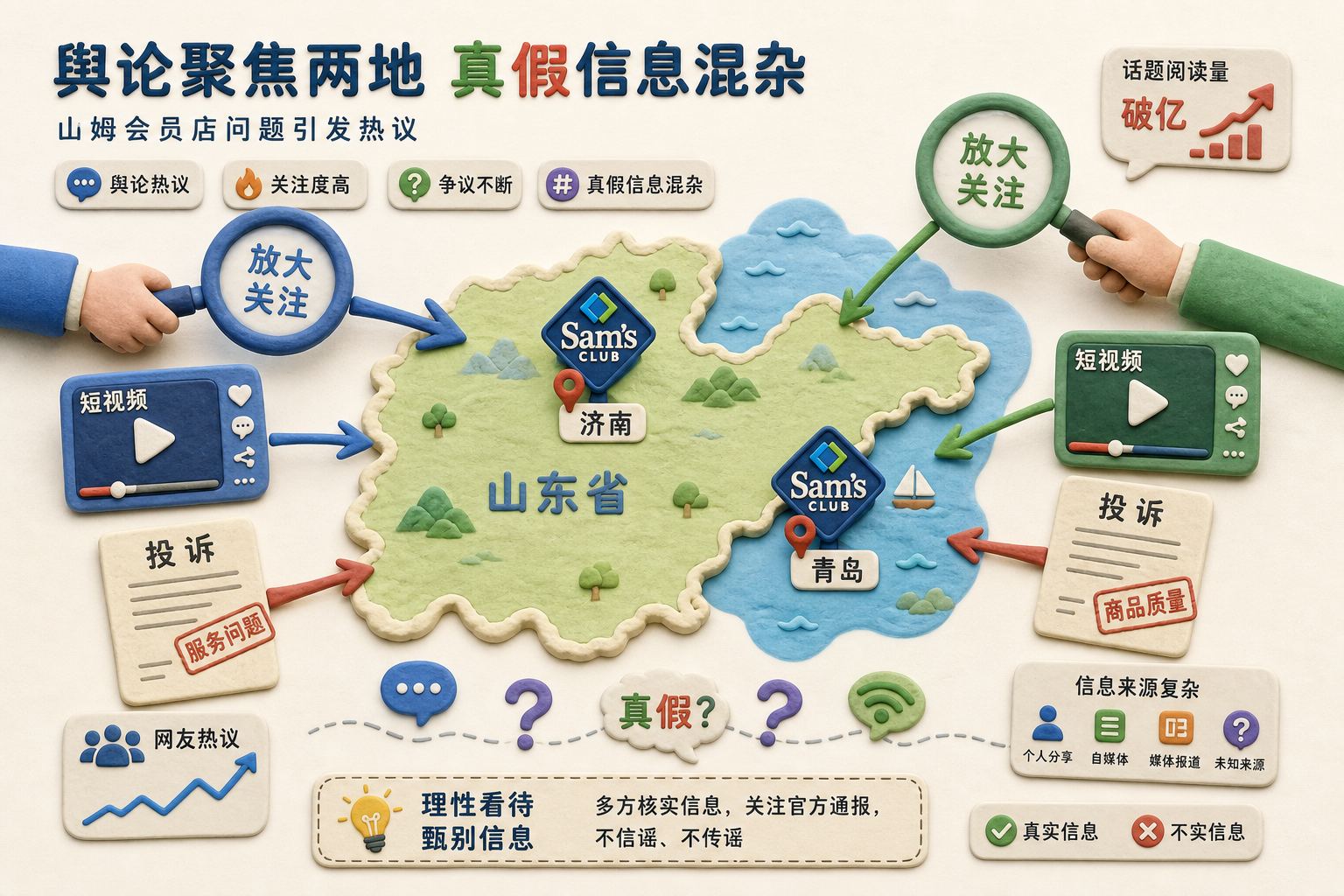 一张山东地图上标出济南和青岛两家山姆门店,放大镜、短视频播放框和投诉文件从不同方向指向门店,表现集中舆论与真假信息混杂,浅色背景的商业评论版橡皮泥平面信息图的统一风格。