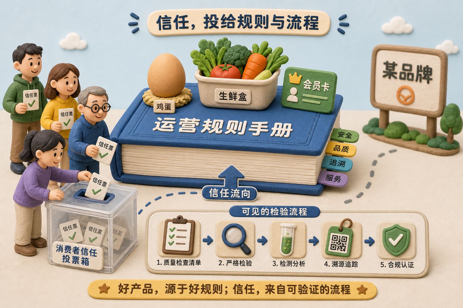 一本厚厚的运营规则手册托住鸡蛋、生鲜盒和会员卡,消费者不是朝品牌招牌鞠躬,而是把信任票投向手册和检测流程,浅色背景的商业评论版橡皮泥平面信息图的统一风格。