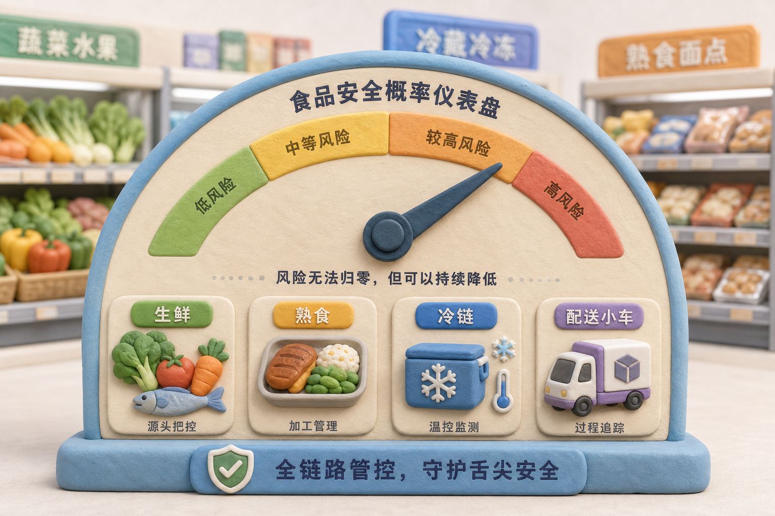 一台食品安全概率仪表盘摆在超市货架前,指针旁边有生鲜、熟食、冷链和配送小车四个小模块,表现大型食品链路无法做到零风险,浅色背景的商业评论版橡皮泥平面信息图的统一风格。